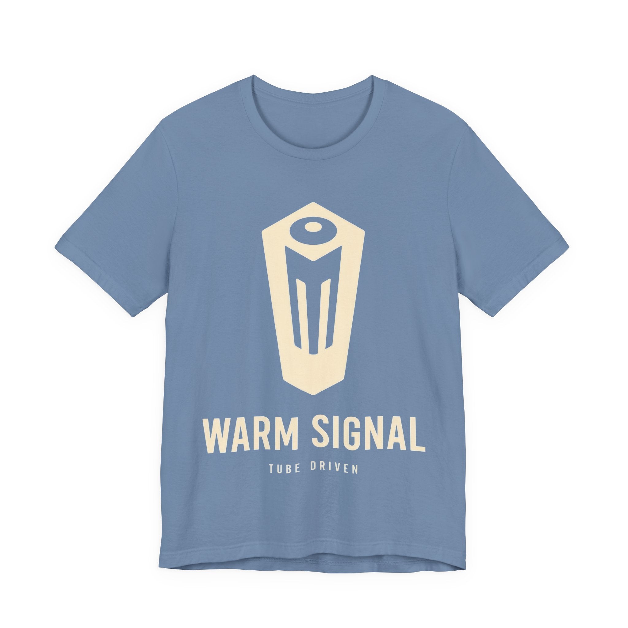 Blue t-shirt with 'Warm Signal' logo and text on a white background