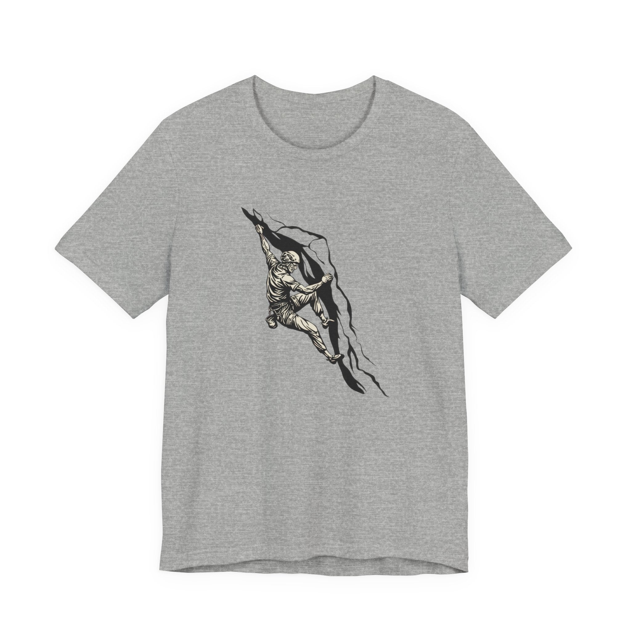 Gray t-shirt with black climbing graphic design on a white background