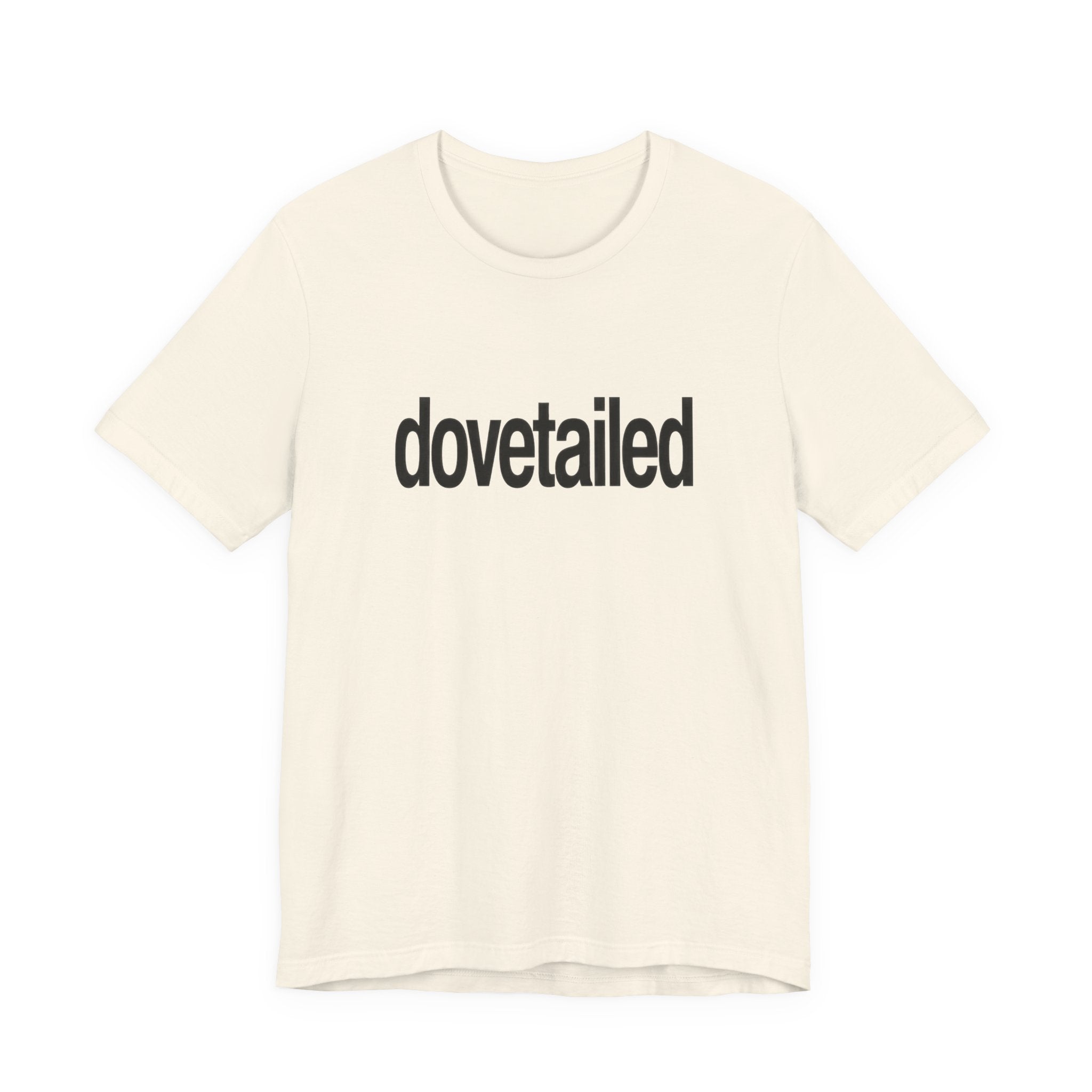 Beige t-shirt with 'dovetailed' text on a white background