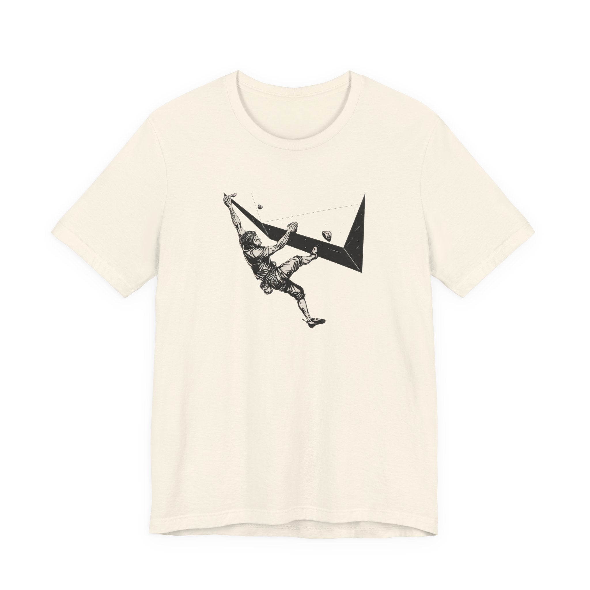 Beige t-shirt with black and white climbing graphic design on a white background
