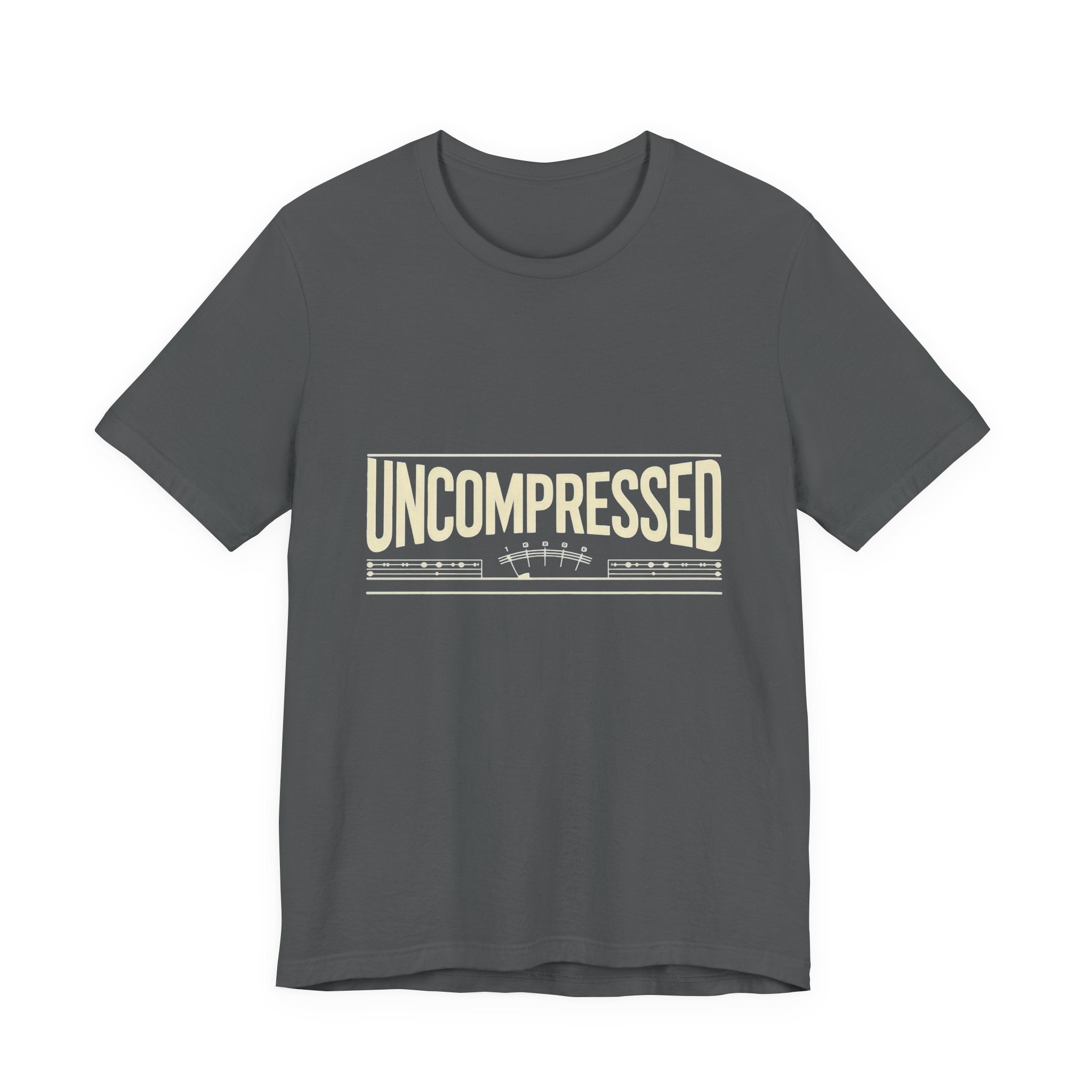 Gray t-shirt with 'UNCOMPRESSED' text on a white background