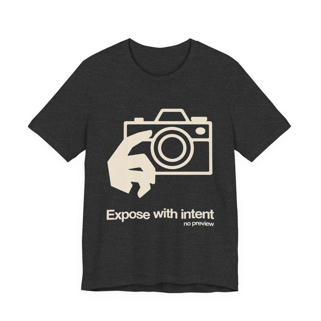 Dark gray t-shirt with graphic design and 'Expose With Intent' text on a white background