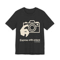 Dark gray t-shirt with graphic design and 'Expose With Intent' text on a white background