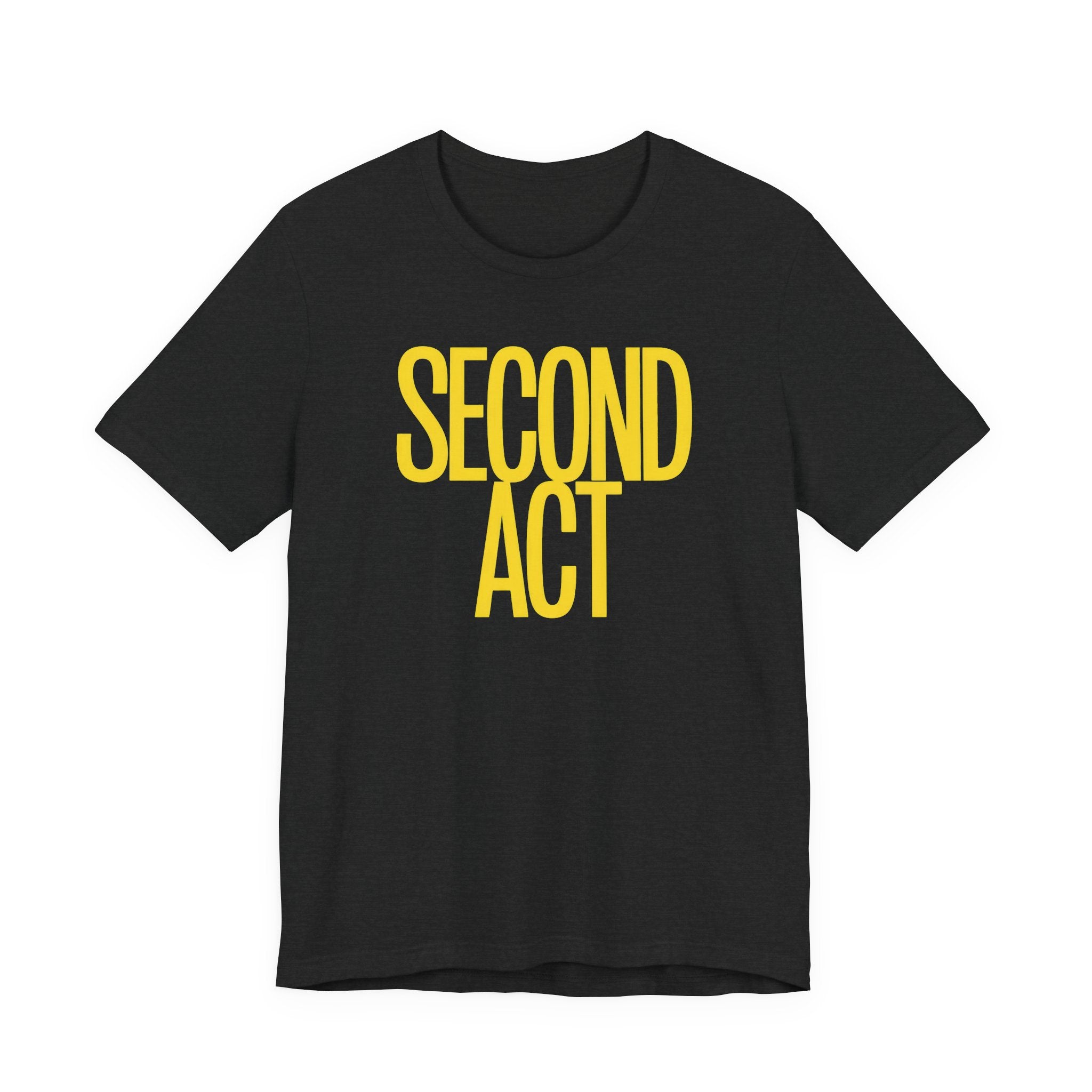 Black t-shirt with 'SECOND ACT' in yellow on a white background