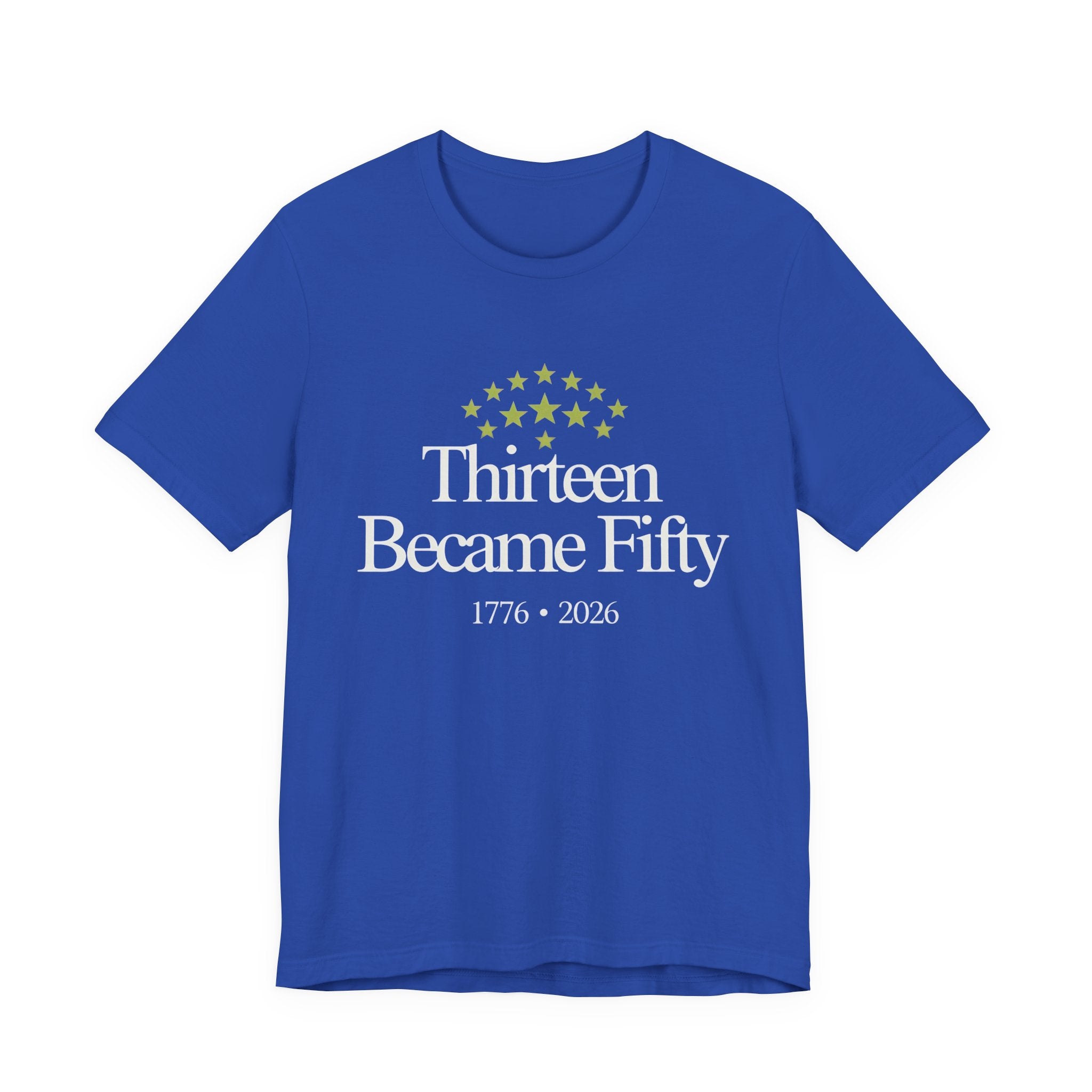 Blue t-shirt with 'Thirteen Became Fifty' text and star design