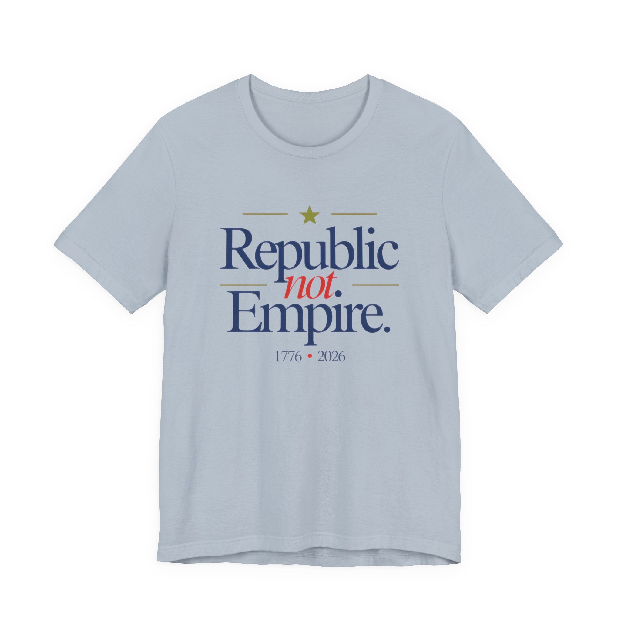 Light blue t-shirt with 'Republic not Empire' text on a white background