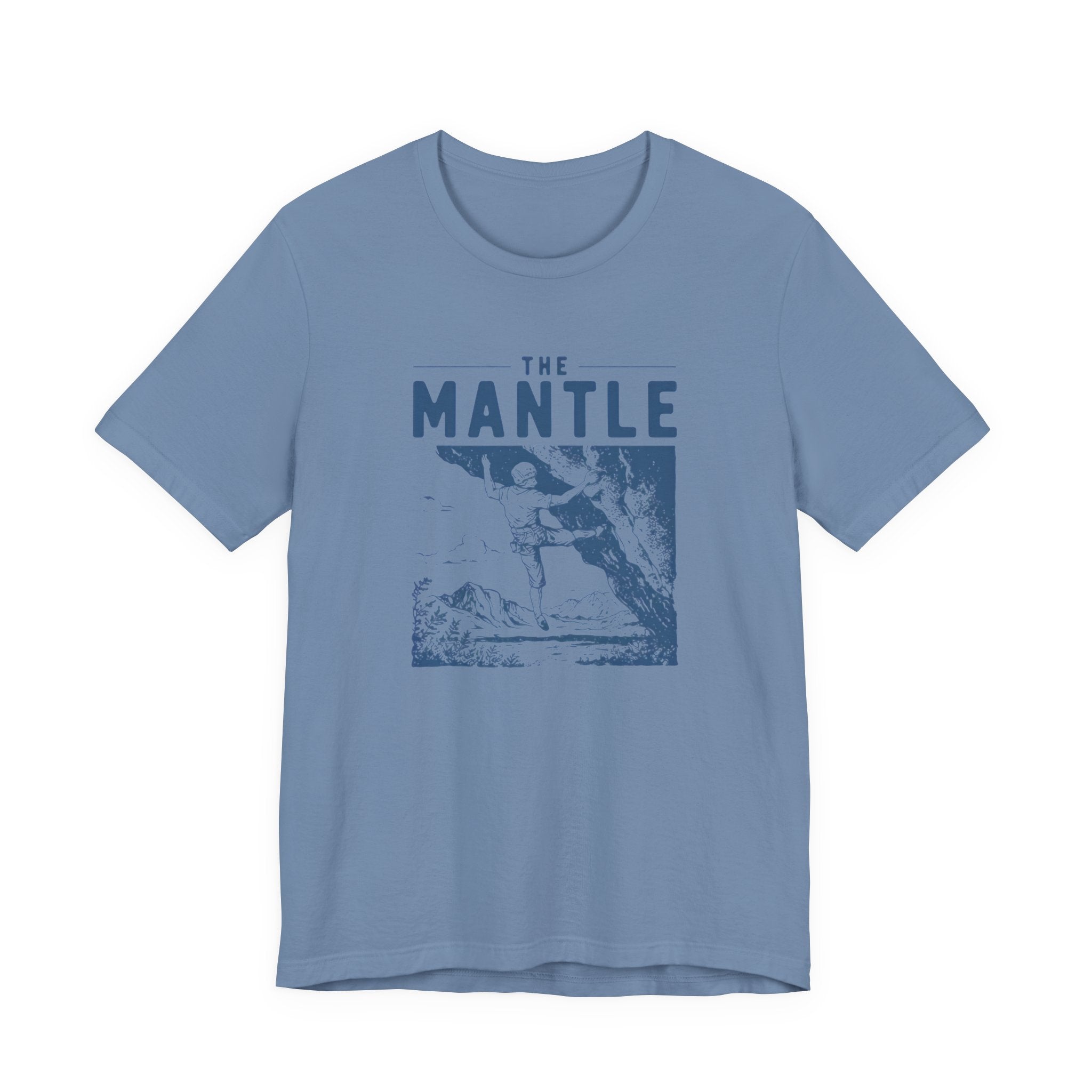 Blue t-shirt with 'The Mantle' graphic design on a white background