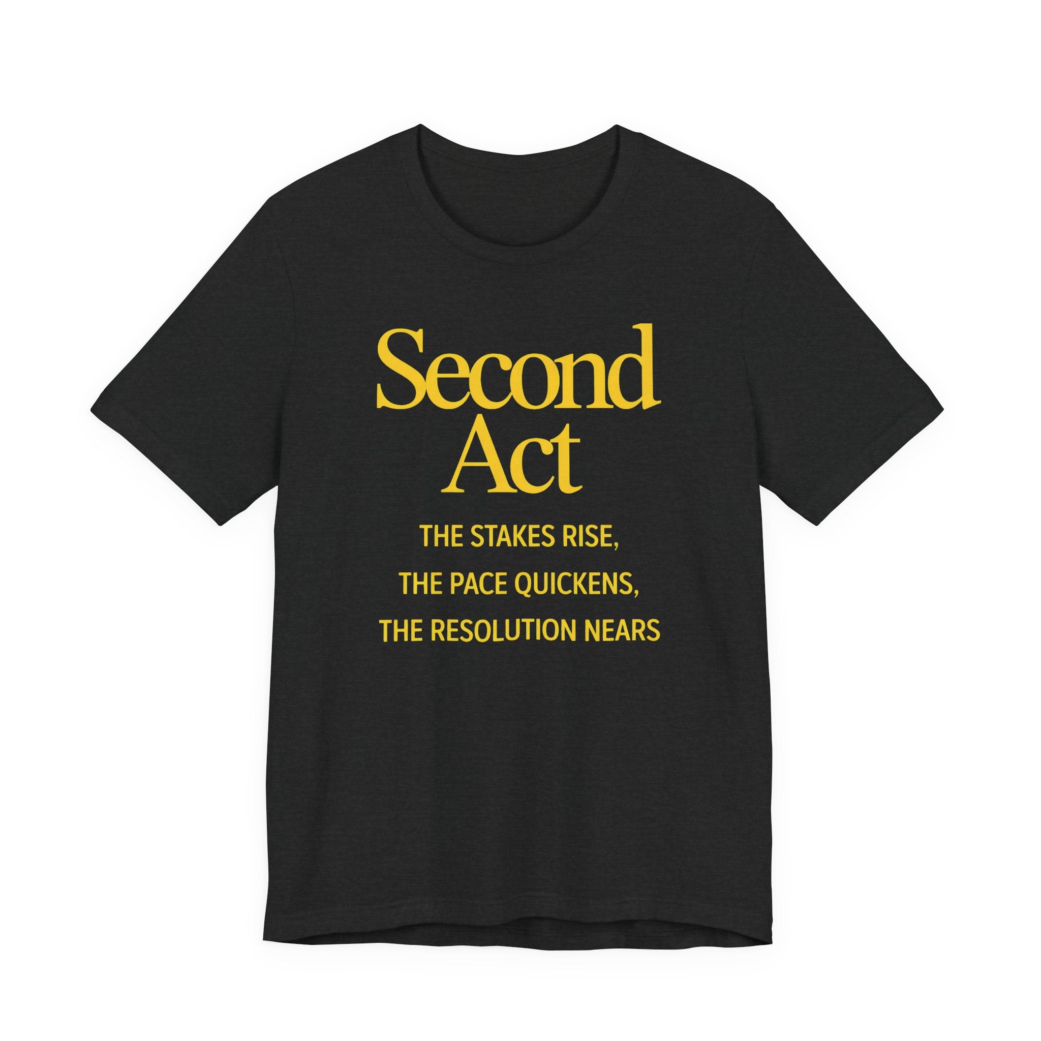 Black t-shirt with 'SECOND ACT' text on a white background