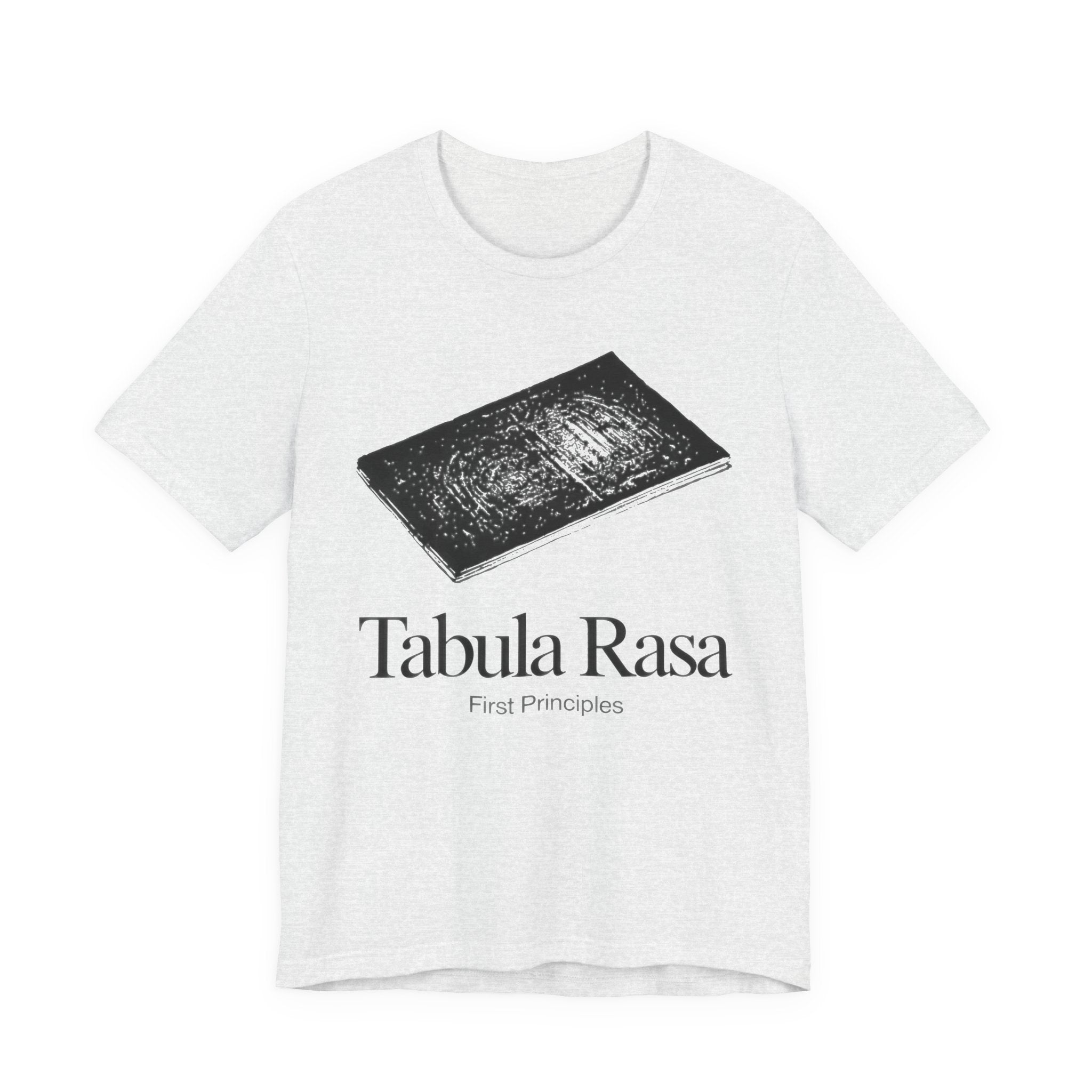 White t-shirt with black graphic and 'Tabula Rasa First Principles' text on a white background