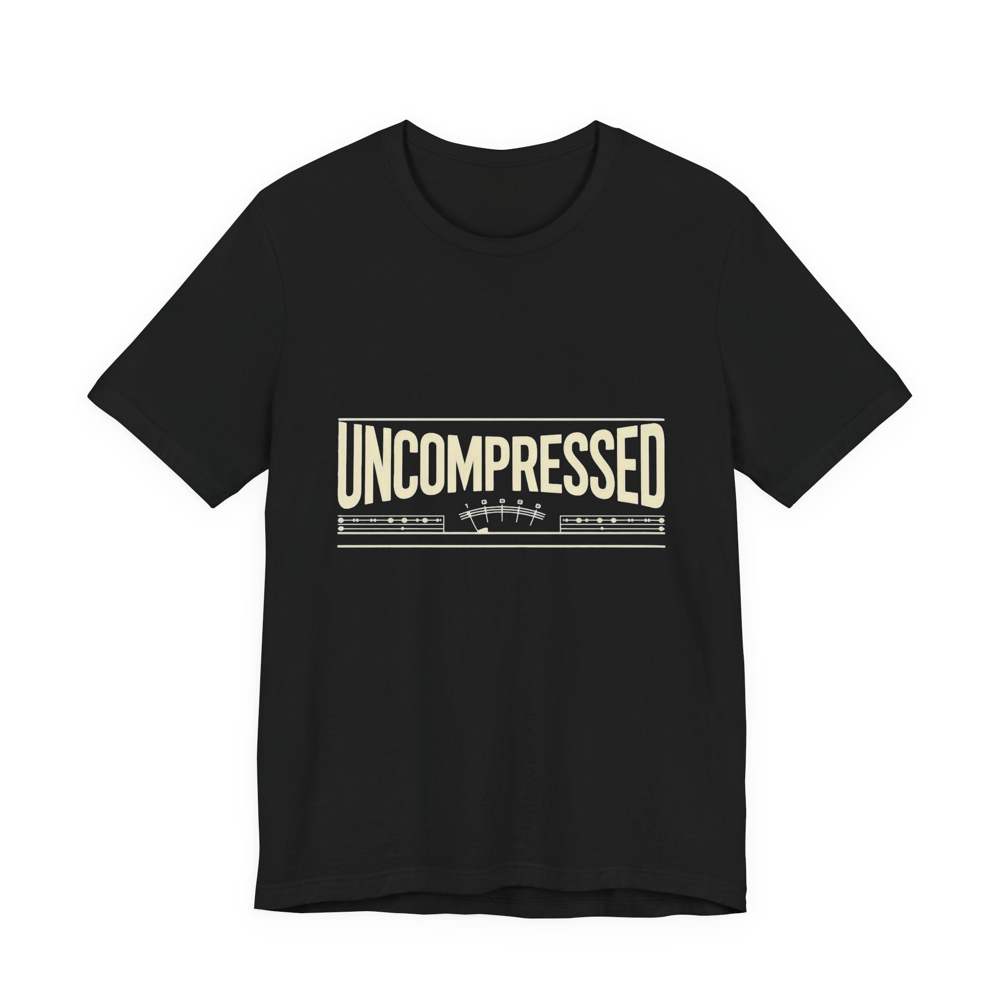 Black t-shirt with 'UNCOMPRESSED' text on a white background