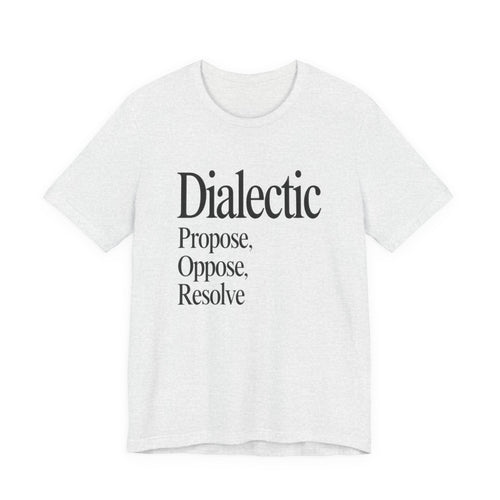 White t-shirt with black 'Dialectic' text on a white background