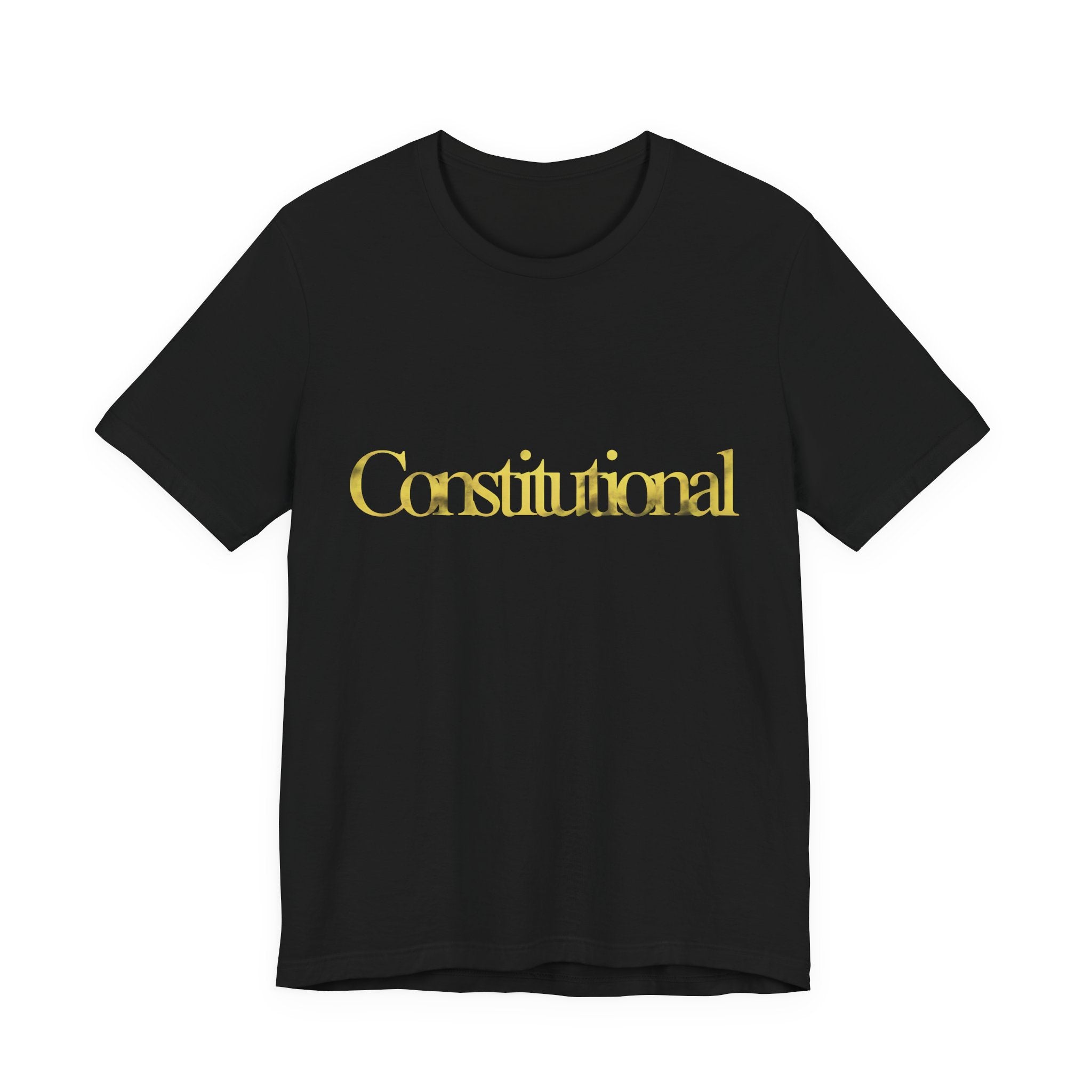 Black t-shirt with 'Constitutional' in gold on a white background