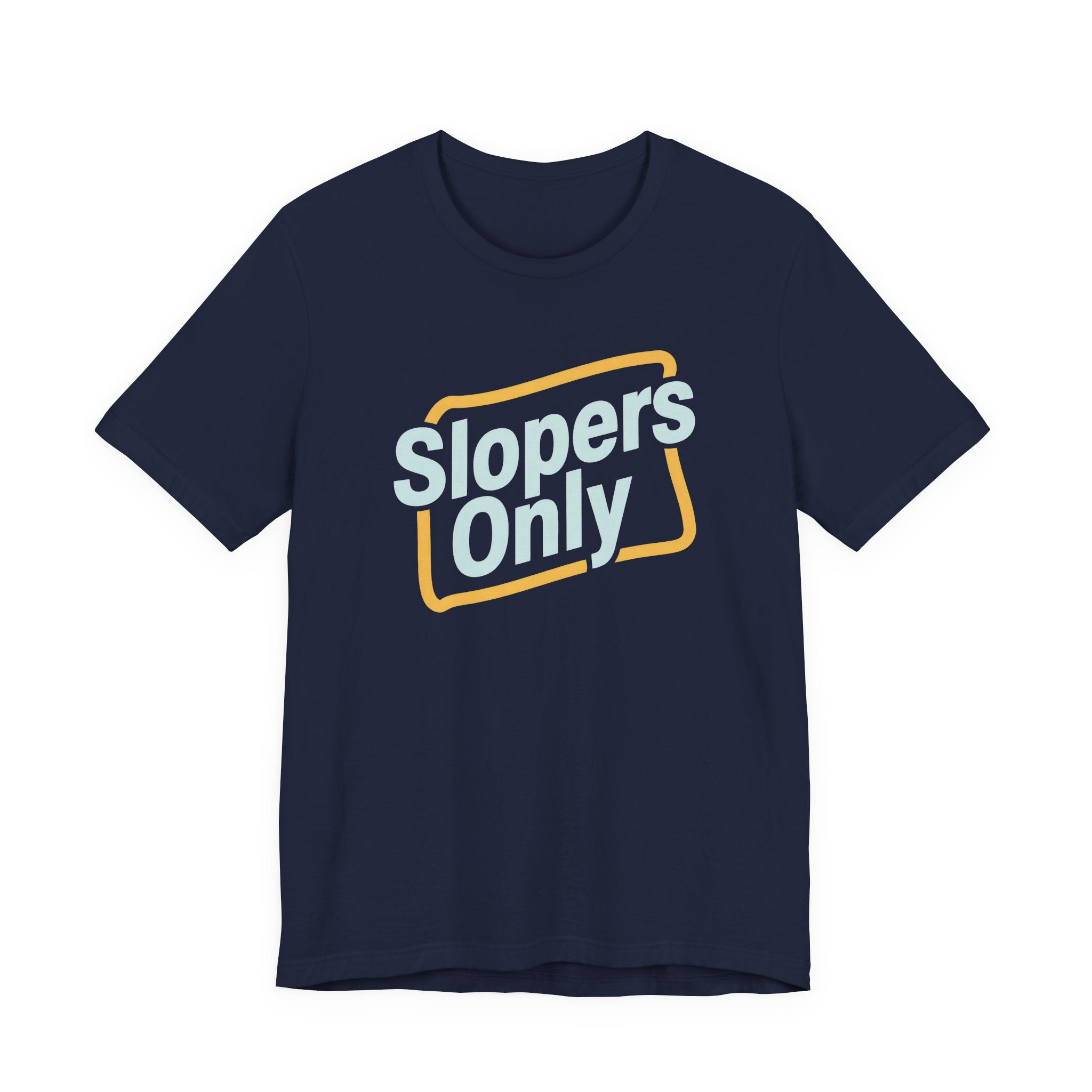 Navy t-shirt with 'Slopers Only' text on a white background