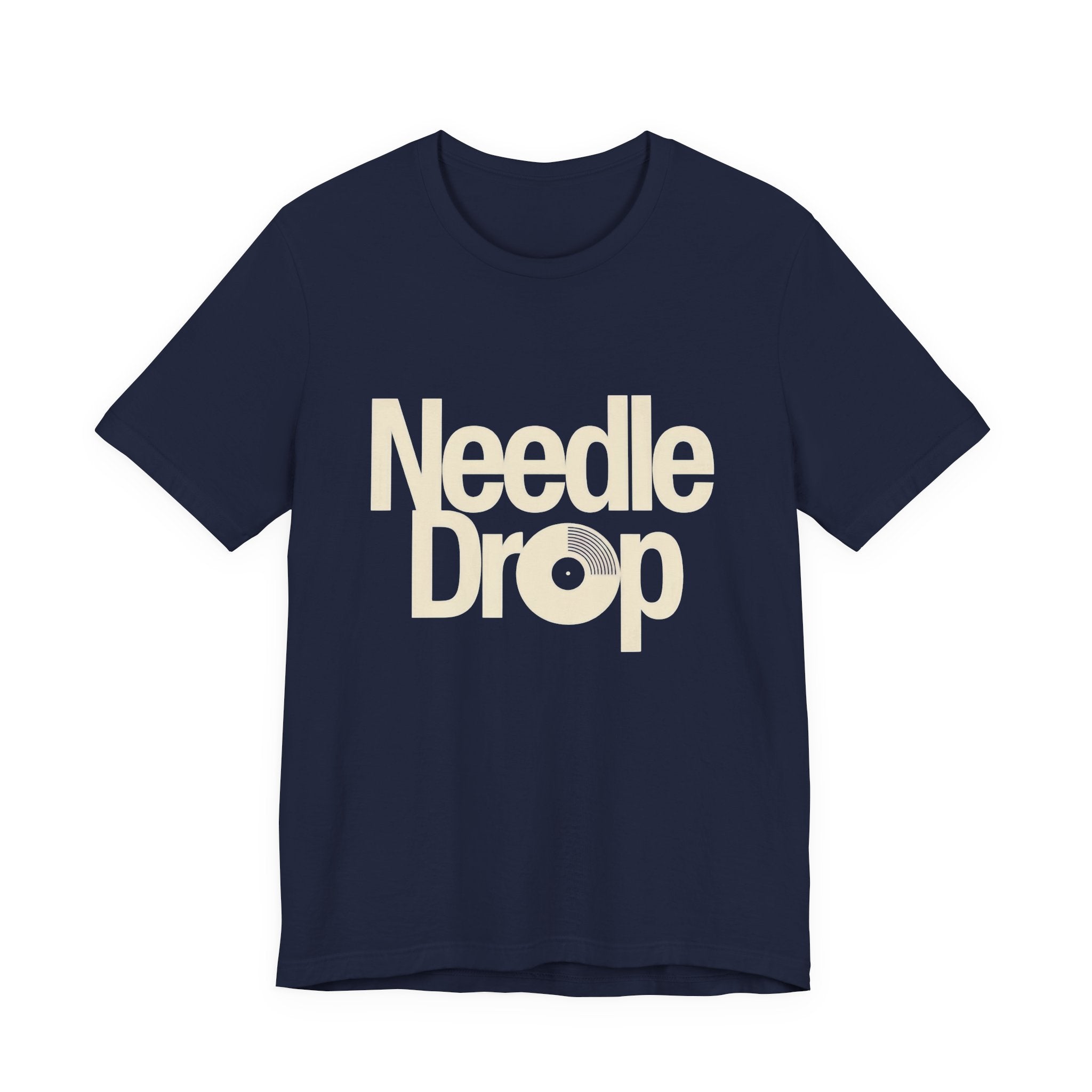 Navy t-shirt with 'Needle Drop' text on a white background