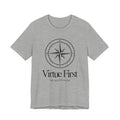 Gray t-shirt with compass design and 'Virtue First' text on a white background