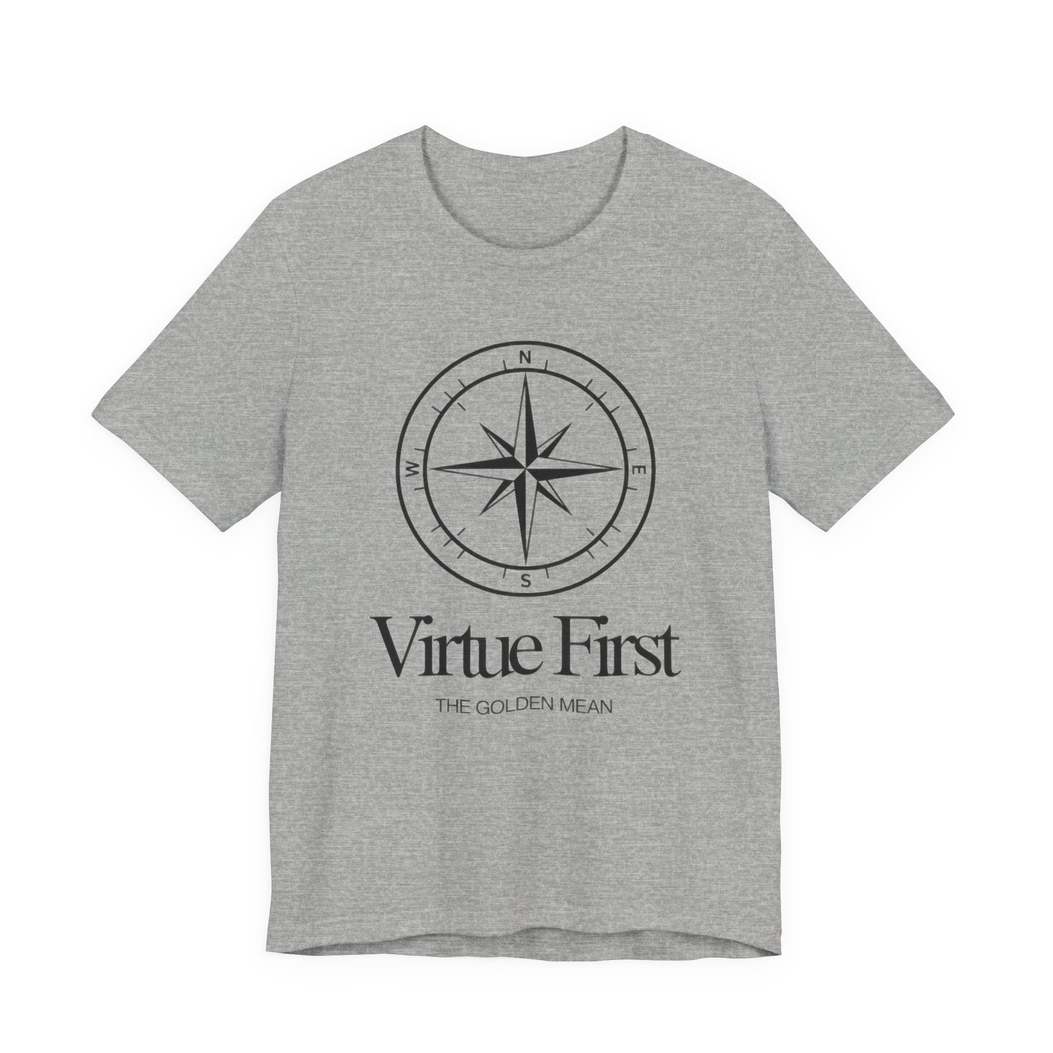 Gray t-shirt with compass design and 'Virtue First' text on a white background