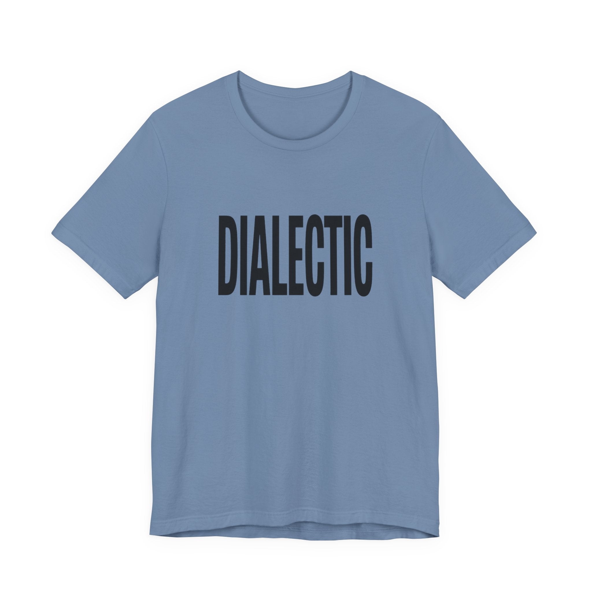 Blue t-shirt with 'DIALECTIC' text on a white background