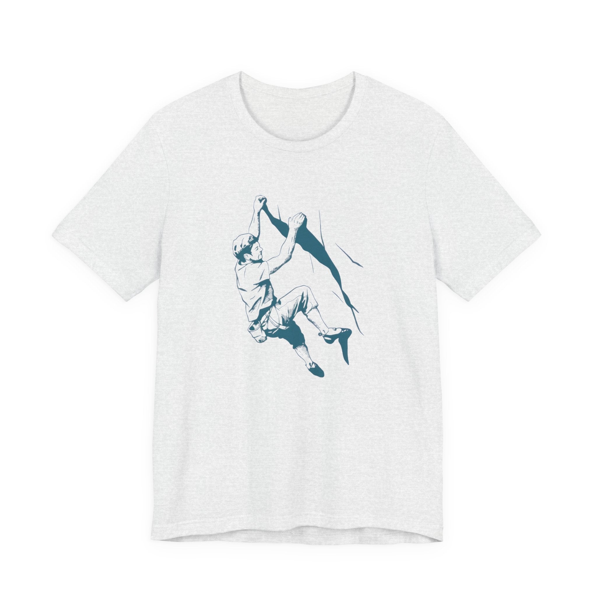 Ash t-shirt with a blue climbing graphic design on a white background