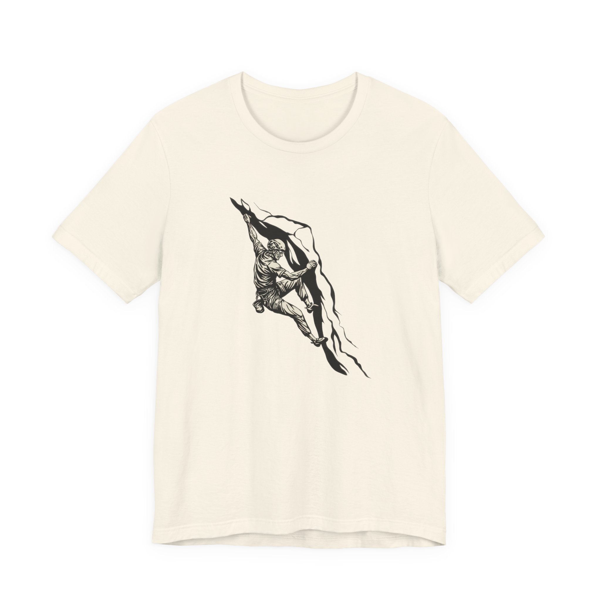 Biege t-shirt with black climbing graphic design on a white background