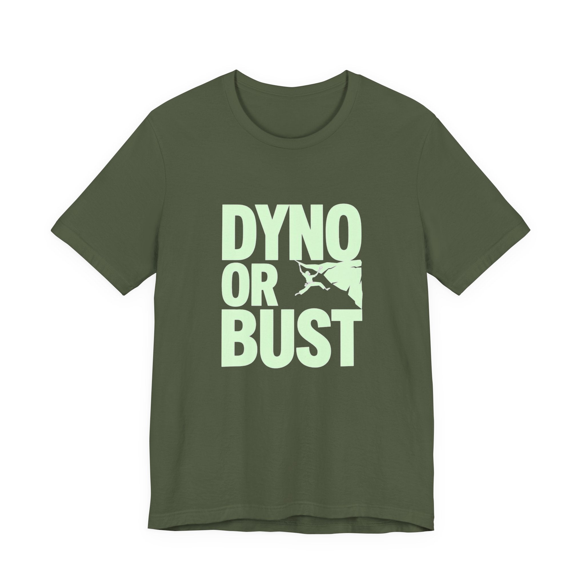 Green t-shirt with 'DYNO OR BUST' text and graphic in light green on a white background