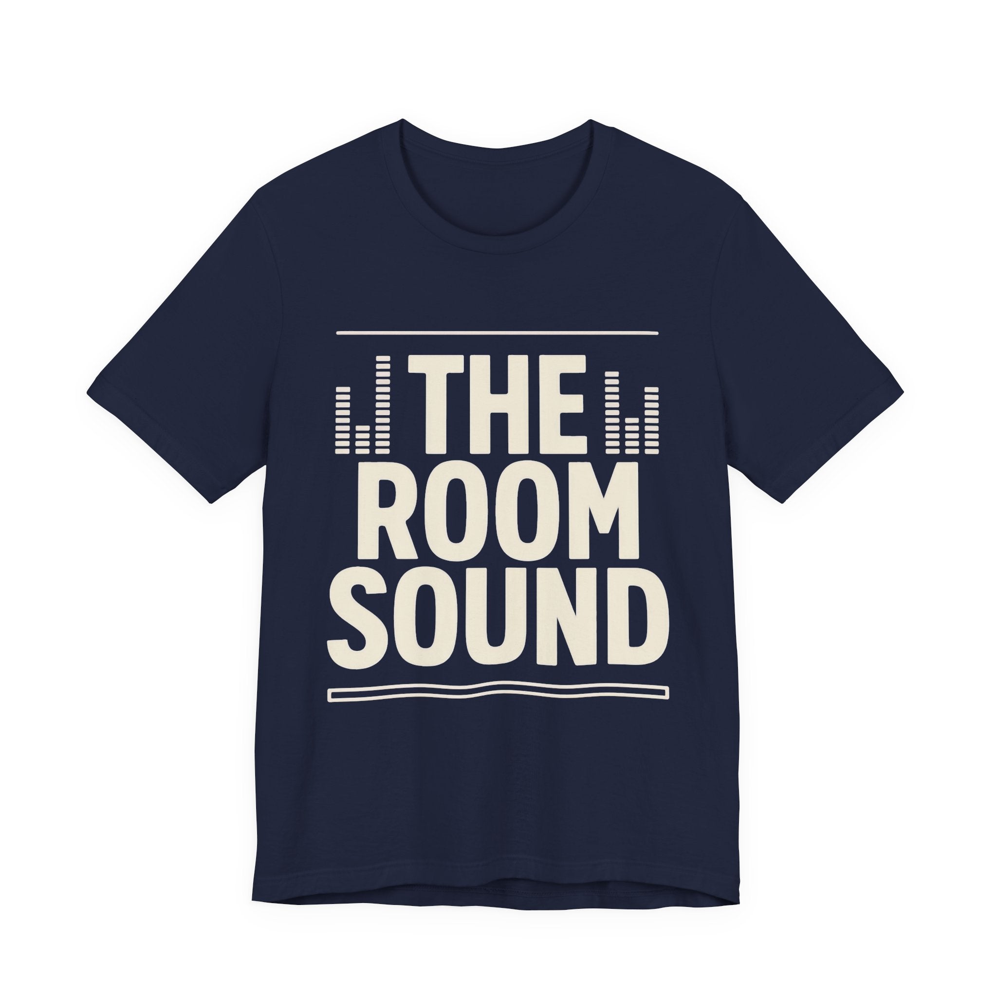 Navy t-shirt with 'The Room Sound' text on a white background