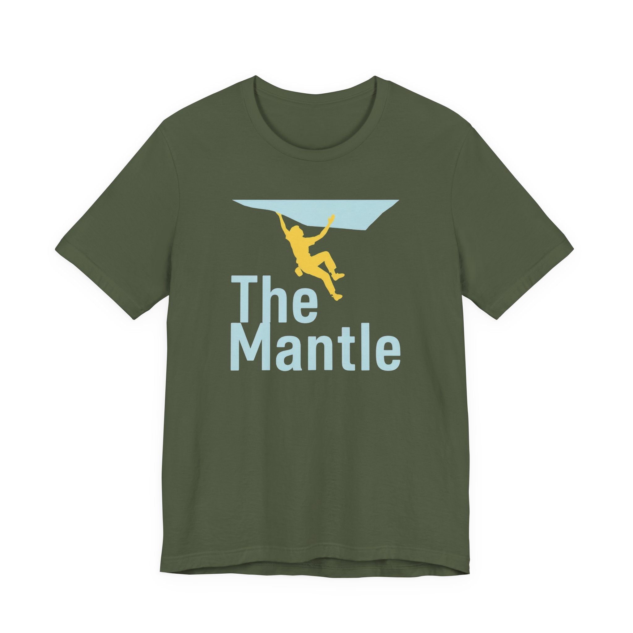 Green t-shirt with 'The Mantle' graphic design on a white background