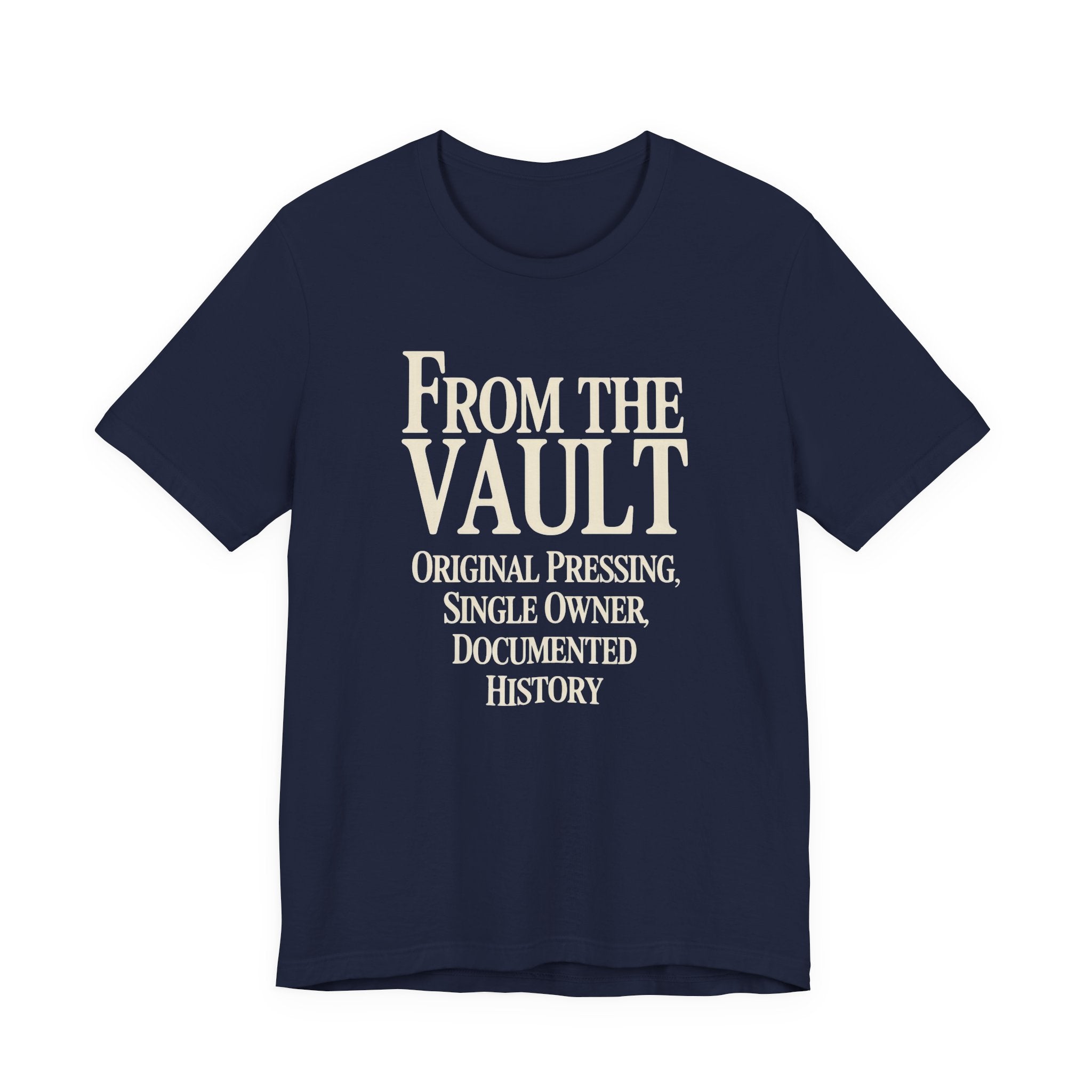 Navy t-shirt with white text 'From The Vault' on a white background