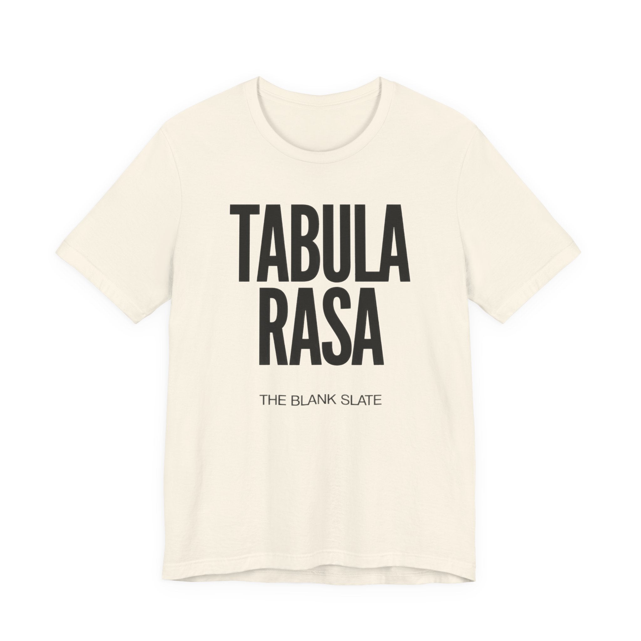 Beige t-shirt with 'TABULA RASA' text on a white background