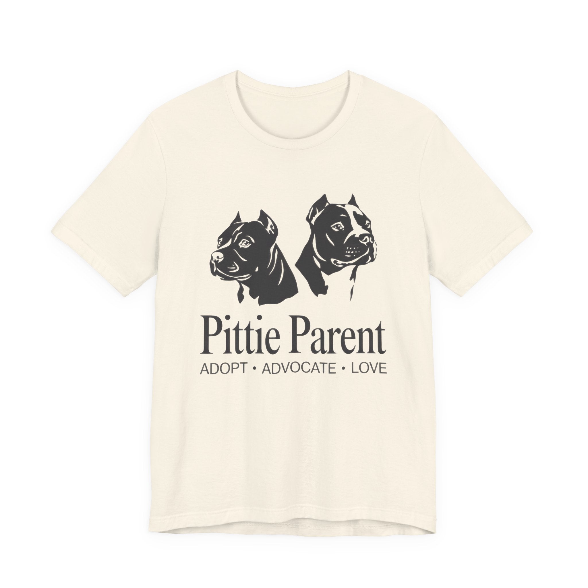 Beige t-shirt with black dog illustrations and 'Pittie Parent' text on a white background