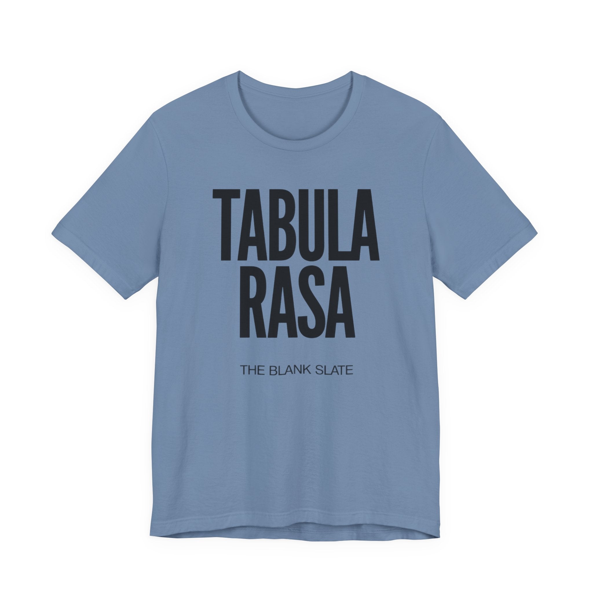 Blue t-shirt with 'TABULA RASA' text on a white background