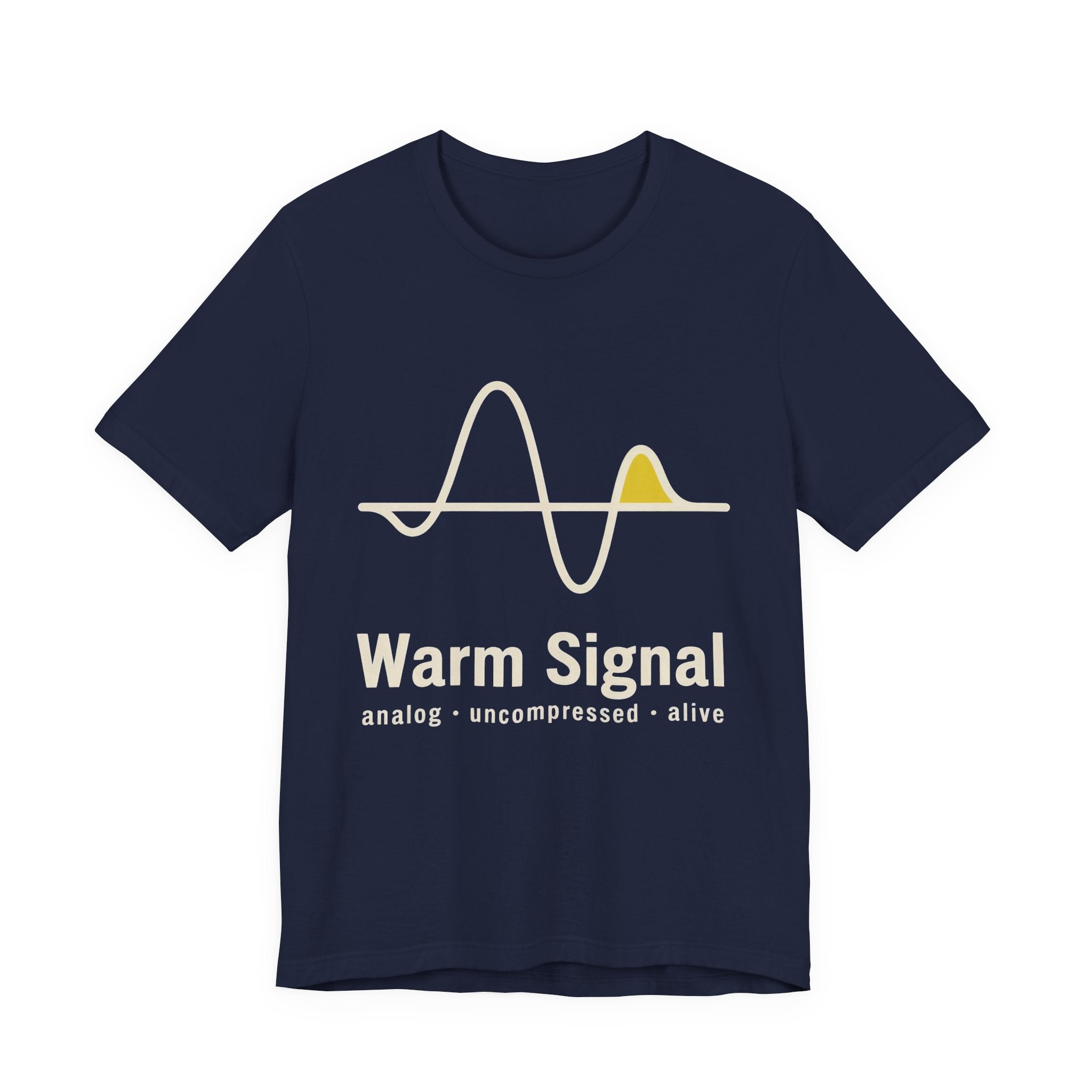 Navy t-shirt with a wave design and 'Warm Signal' text on a white background