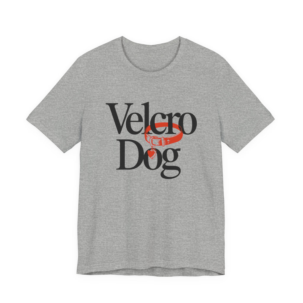 Gray t-shirt with 'Velcro Dog' text and logo on a white background