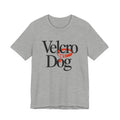 Gray t-shirt with 'Velcro Dog' text and logo on a white background