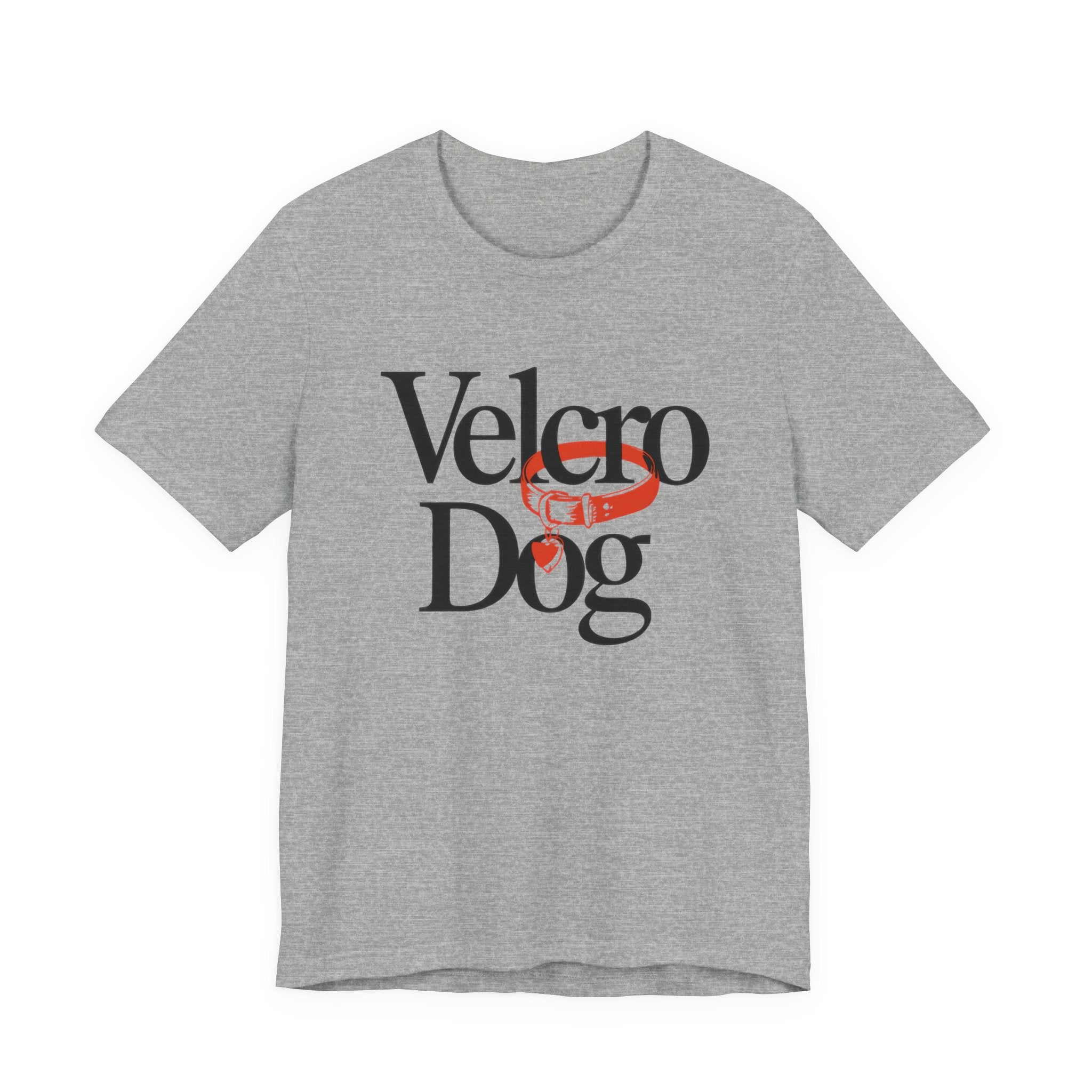 Gray t-shirt with 'Velcro Dog' text and logo on a white background