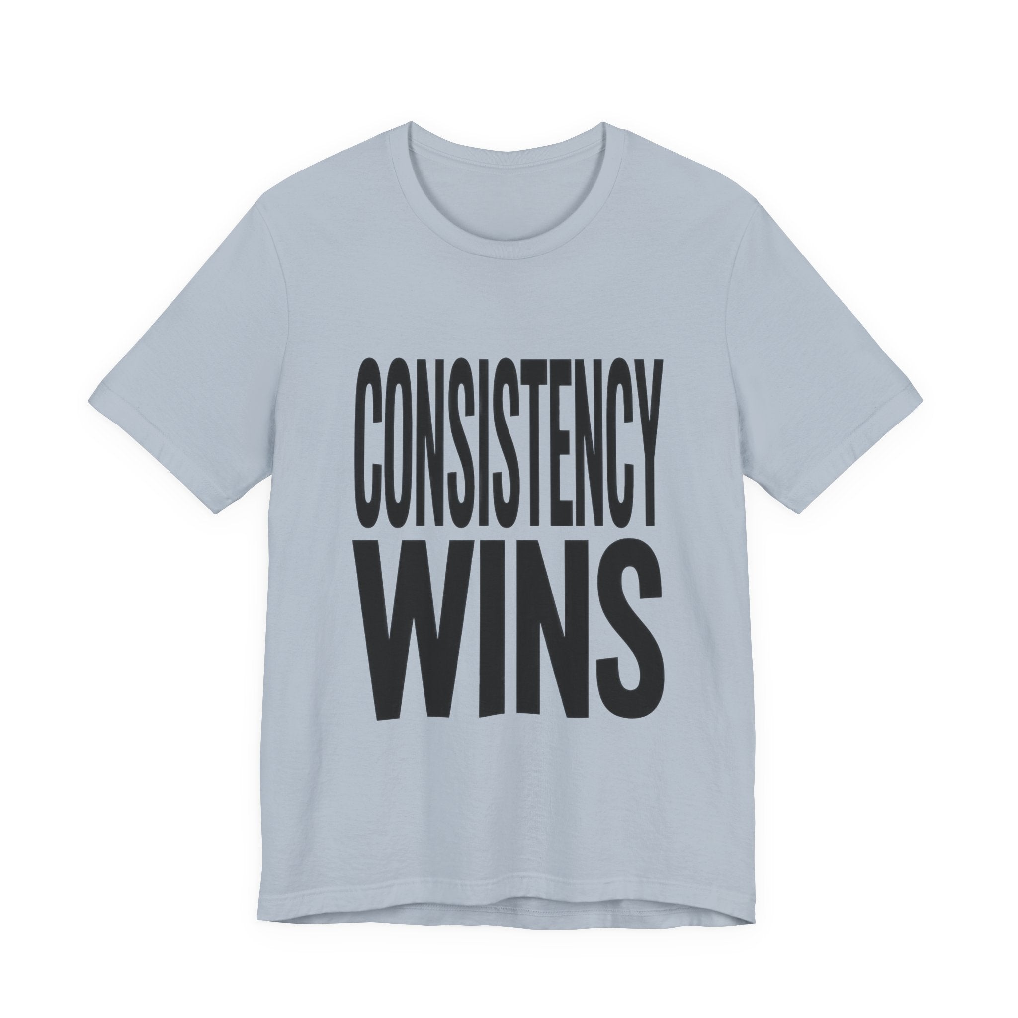 Light blue t-shirt with 'CONSISTENCY WINS' text on a white background