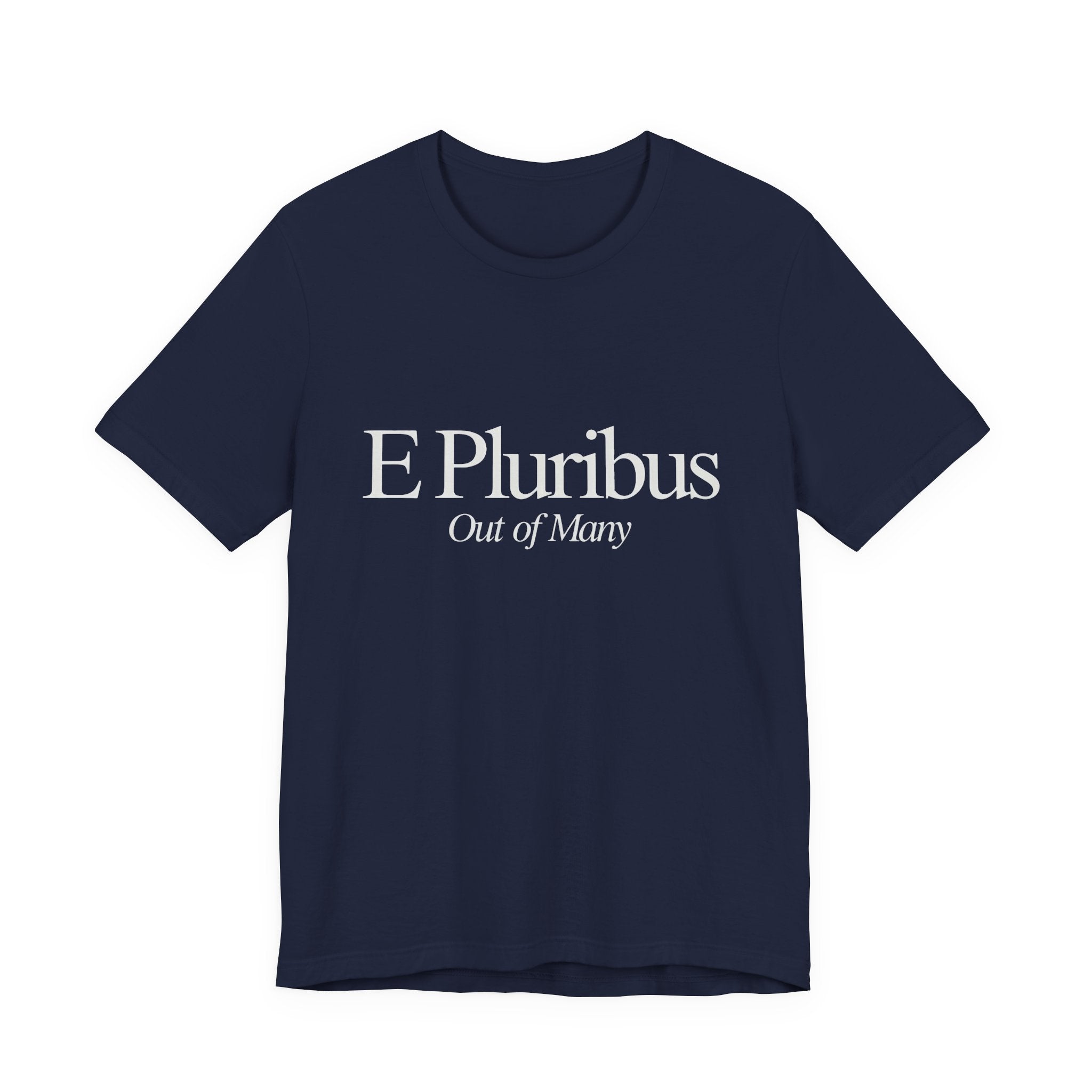 Navy t-shirt with text 'E Pluribus Out of Many'  
