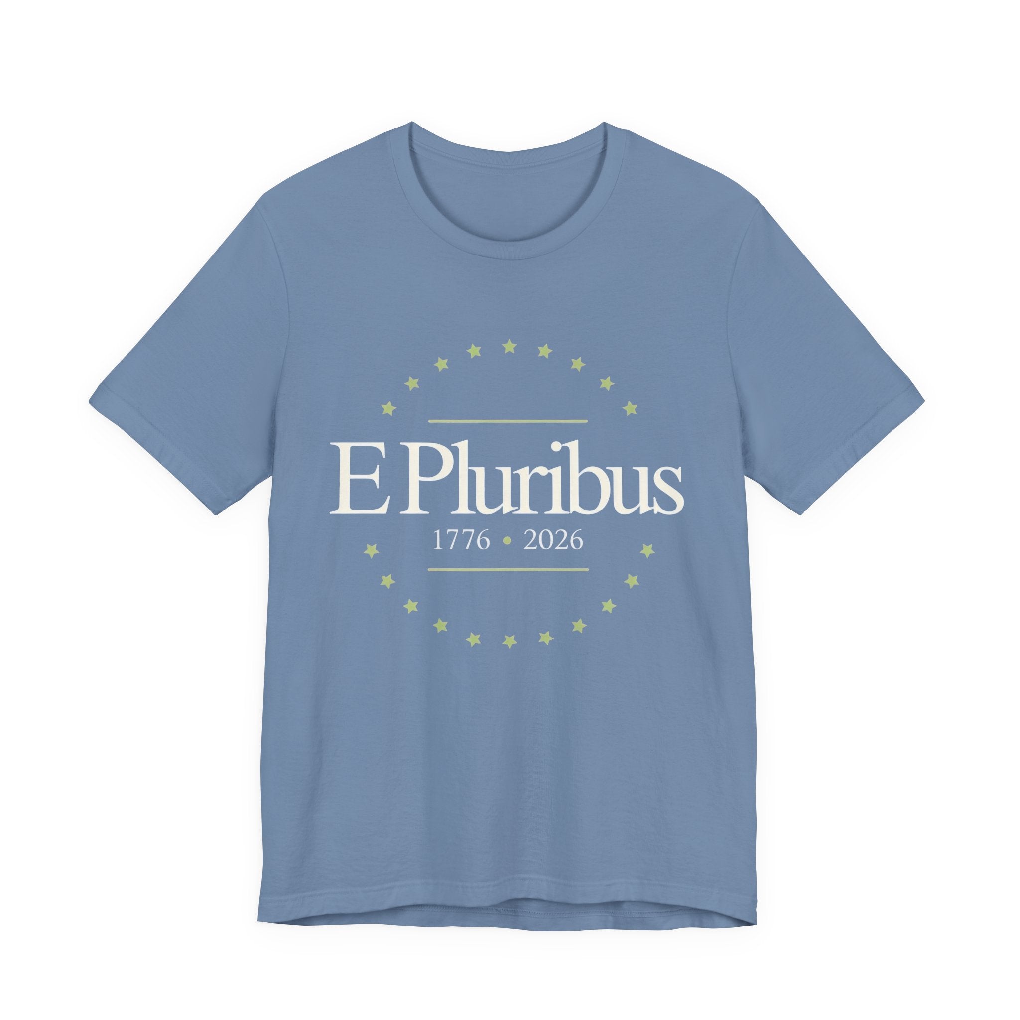 Blue t-shirt with 'E Pluribus 1776-2026' text 
