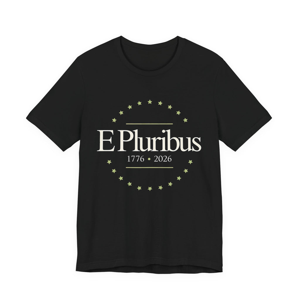 Black t-shirt with 'E Pluribus 1776-2026' design 