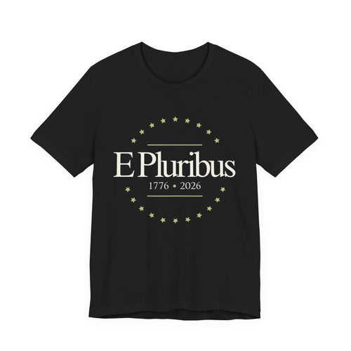 Black t-shirt with 'E Pluribus 1776-2026' design 