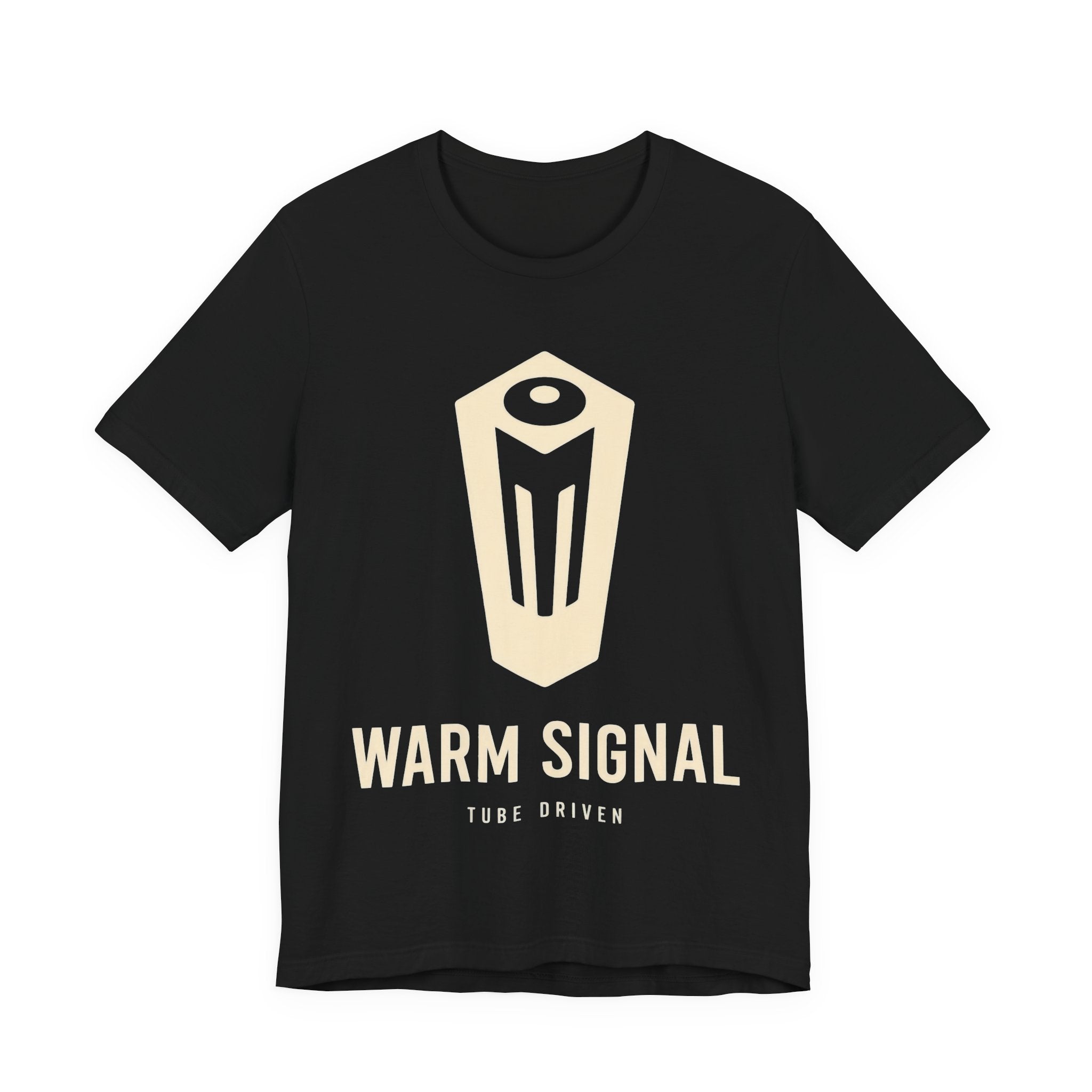 Black t-shirt with 'Warm Signal' logo and text on a white background