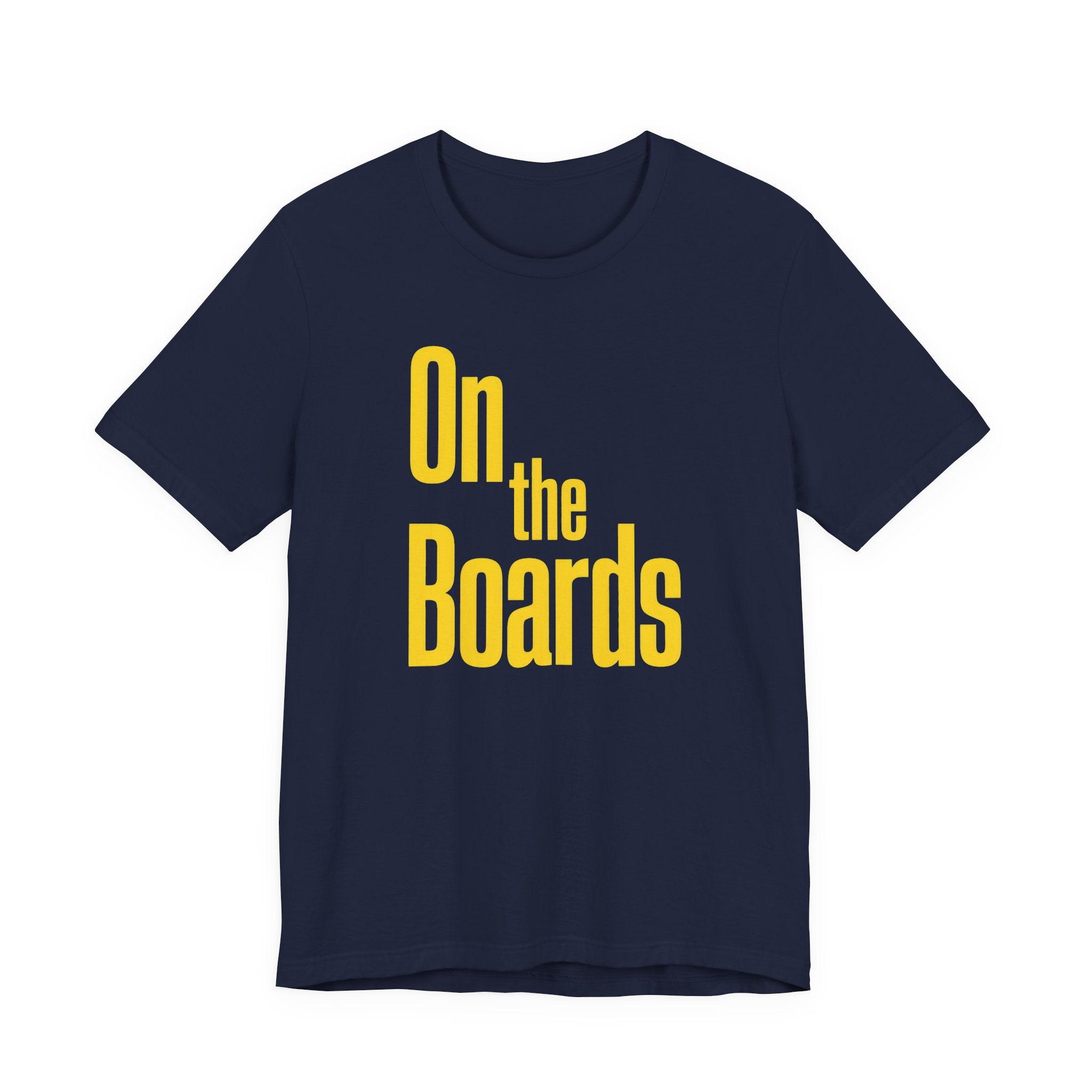 Navy blue t-shirt with 'On the Boards' text in yellow on a white background