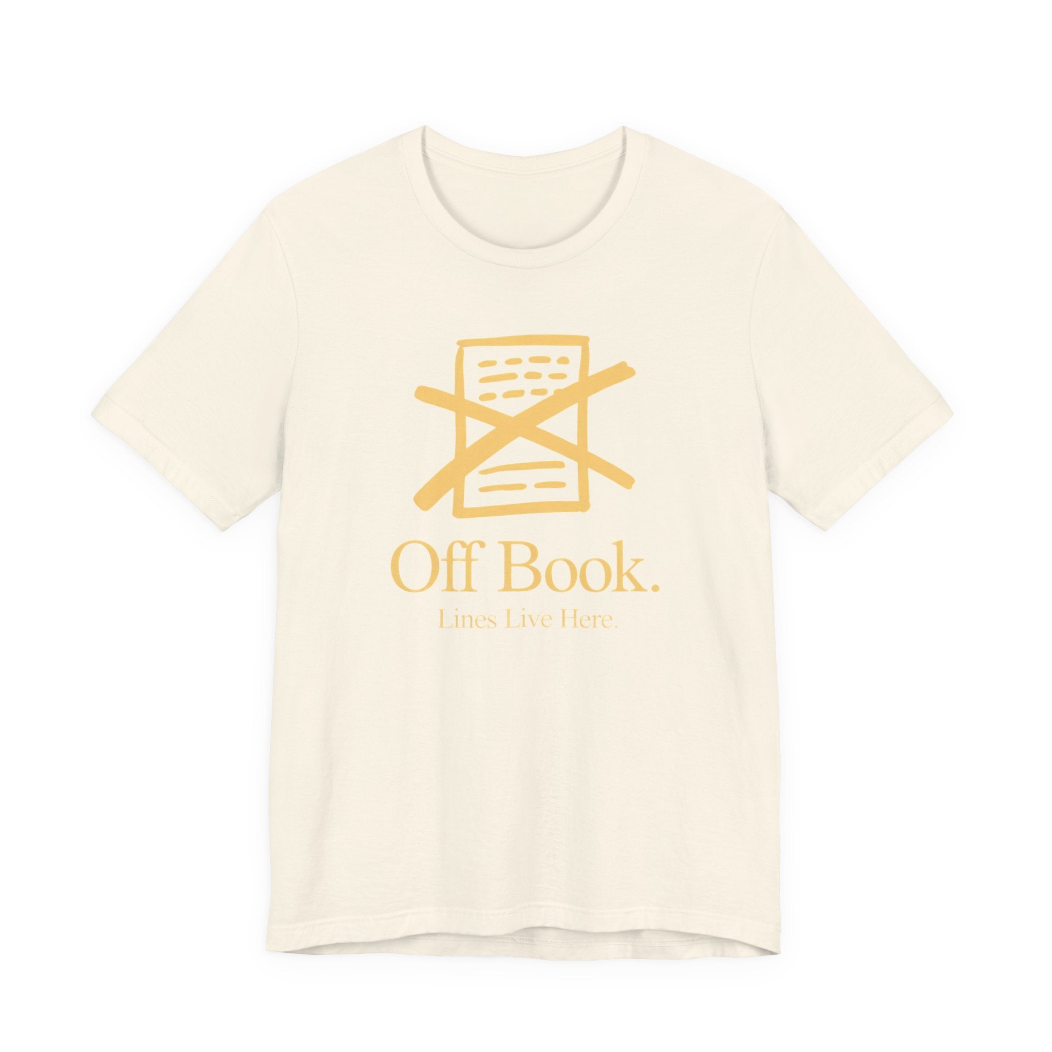 Beige t-shirt with 'Off Book' logo and text on a white background