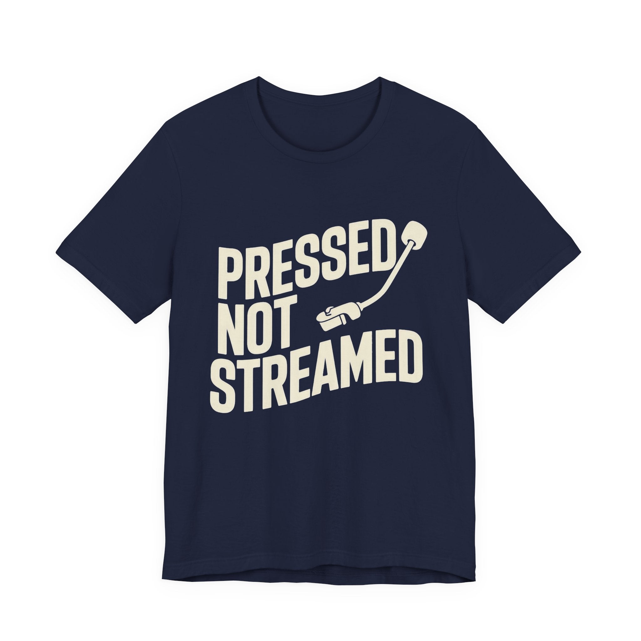 Navy blue t-shirt with 'Pressed Not Streamed' text and graphic on a white background