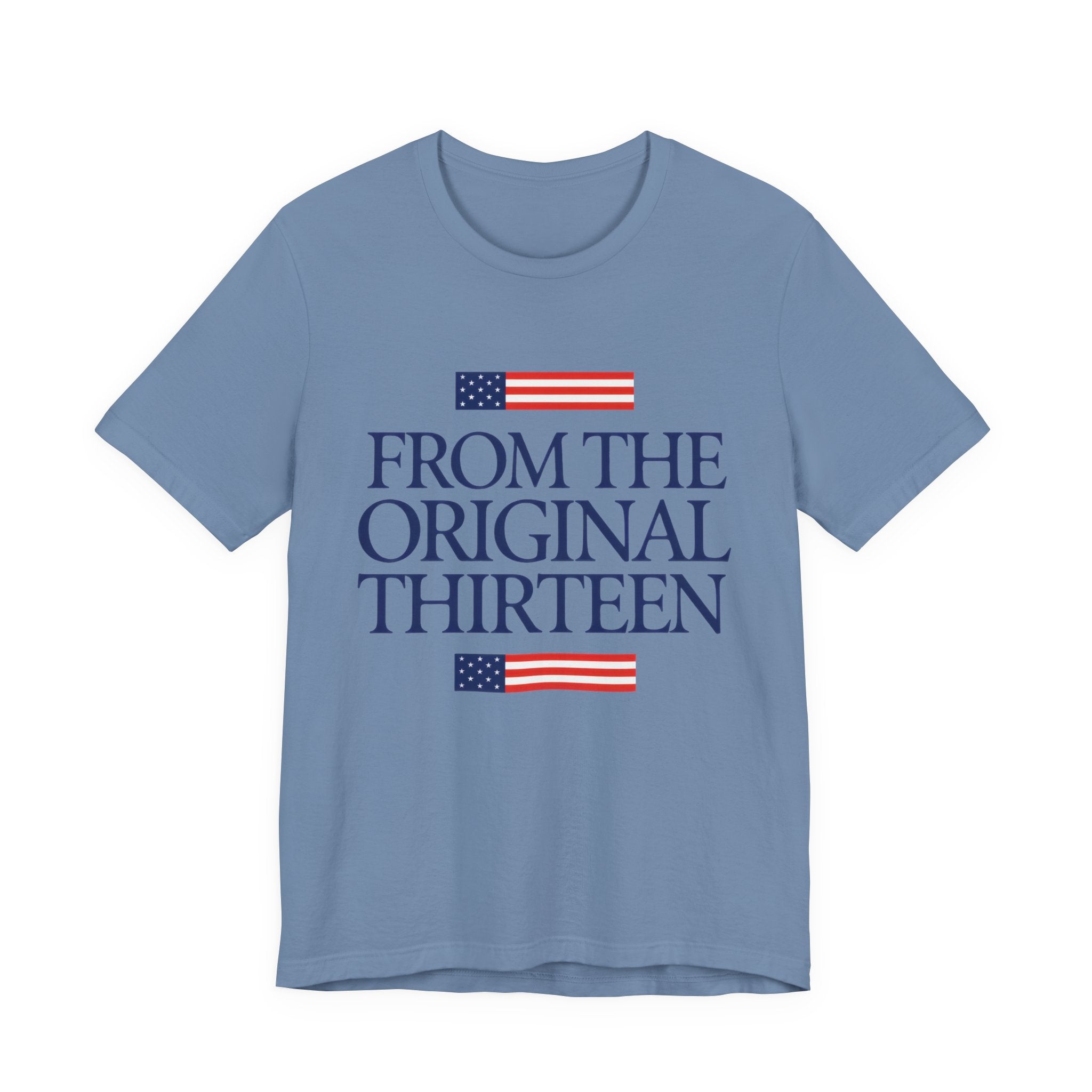 Blue t-shirt with American flag graphics and 'From The Original Thirteen' text