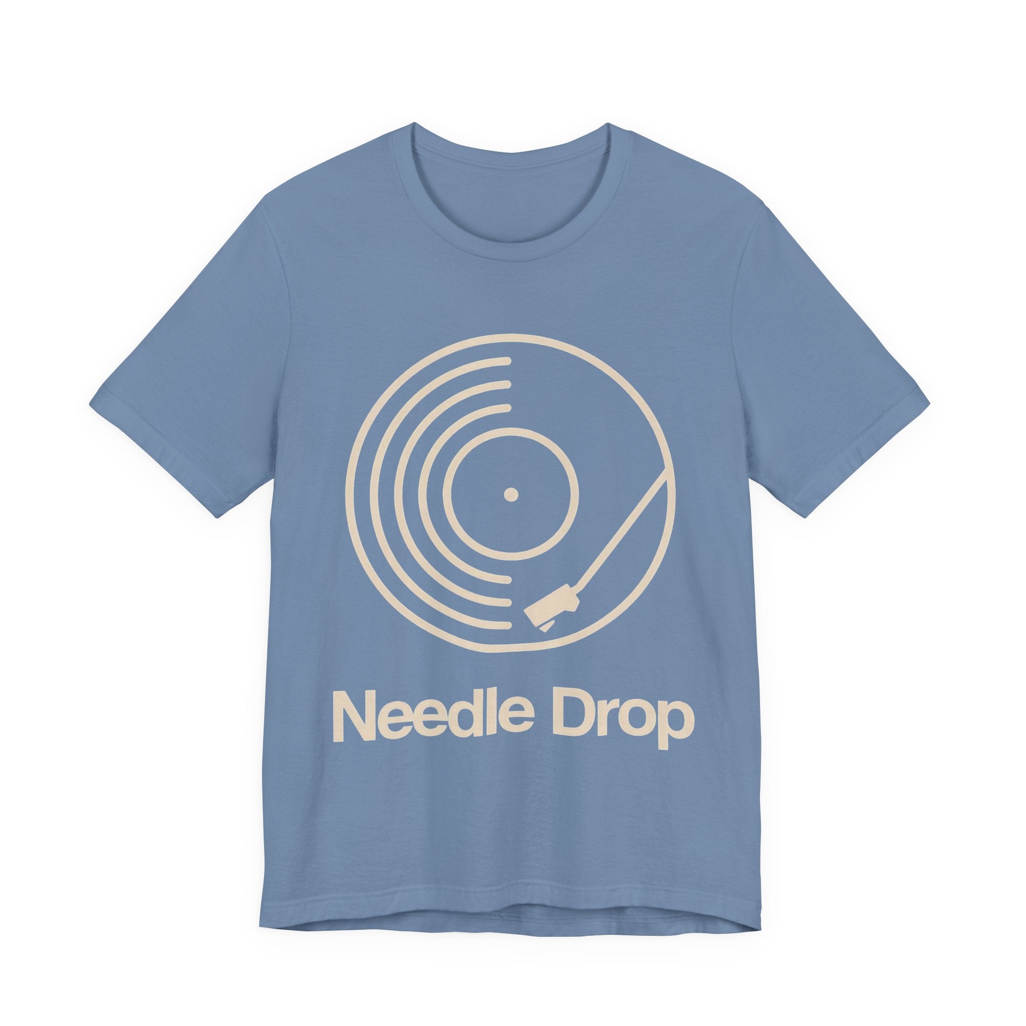 Light blue t-shirt with 'Needle Drop' graphic design on a white background