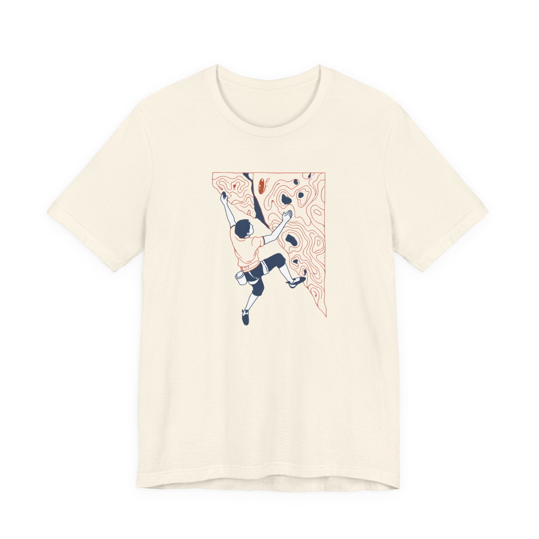 Beige t-shirt with illustration of a person climbing a rock wall on a white background