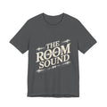 Gray t-shirt with 'The Room Sound' text design on a white background