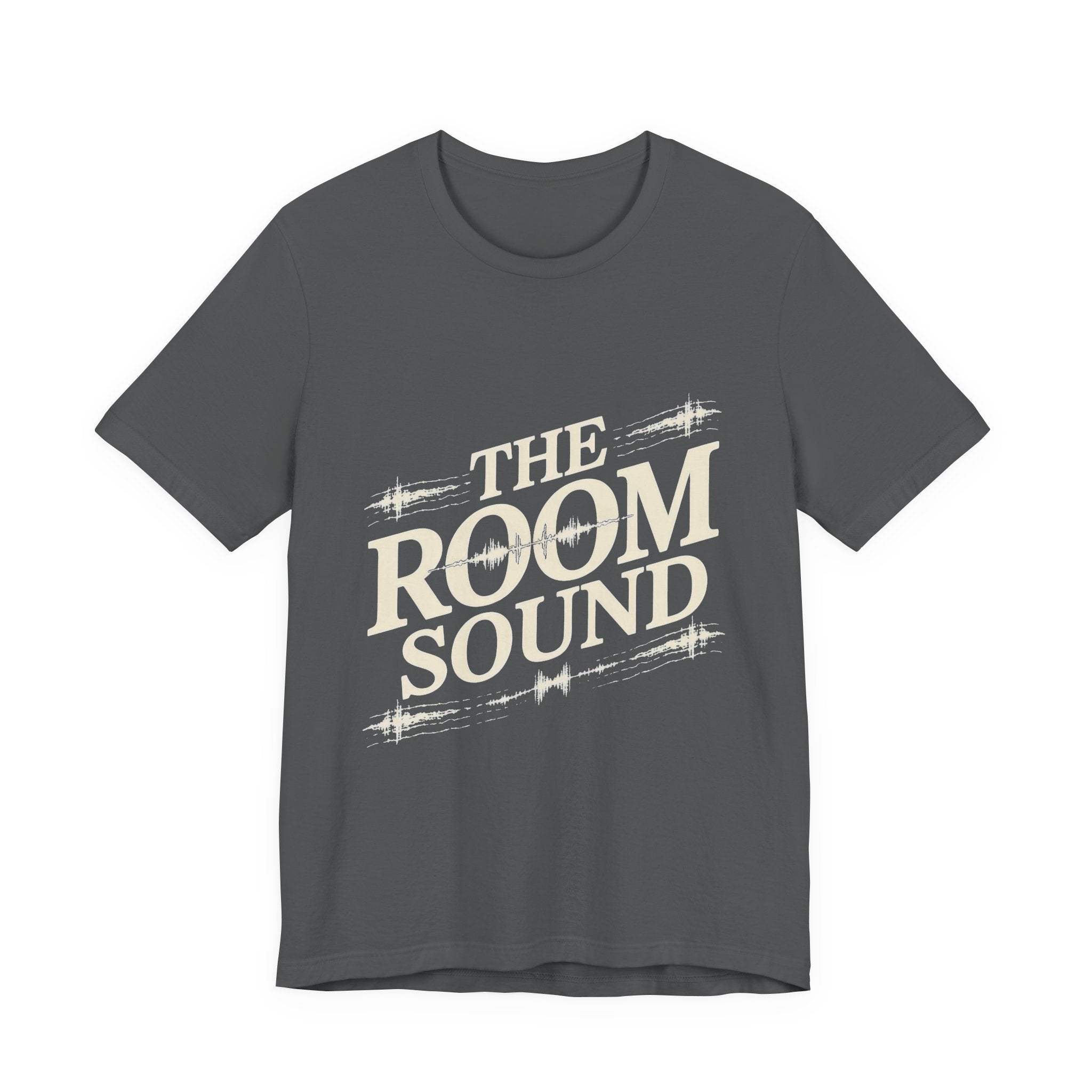 Gray t-shirt with 'The Room Sound' text design on a white background