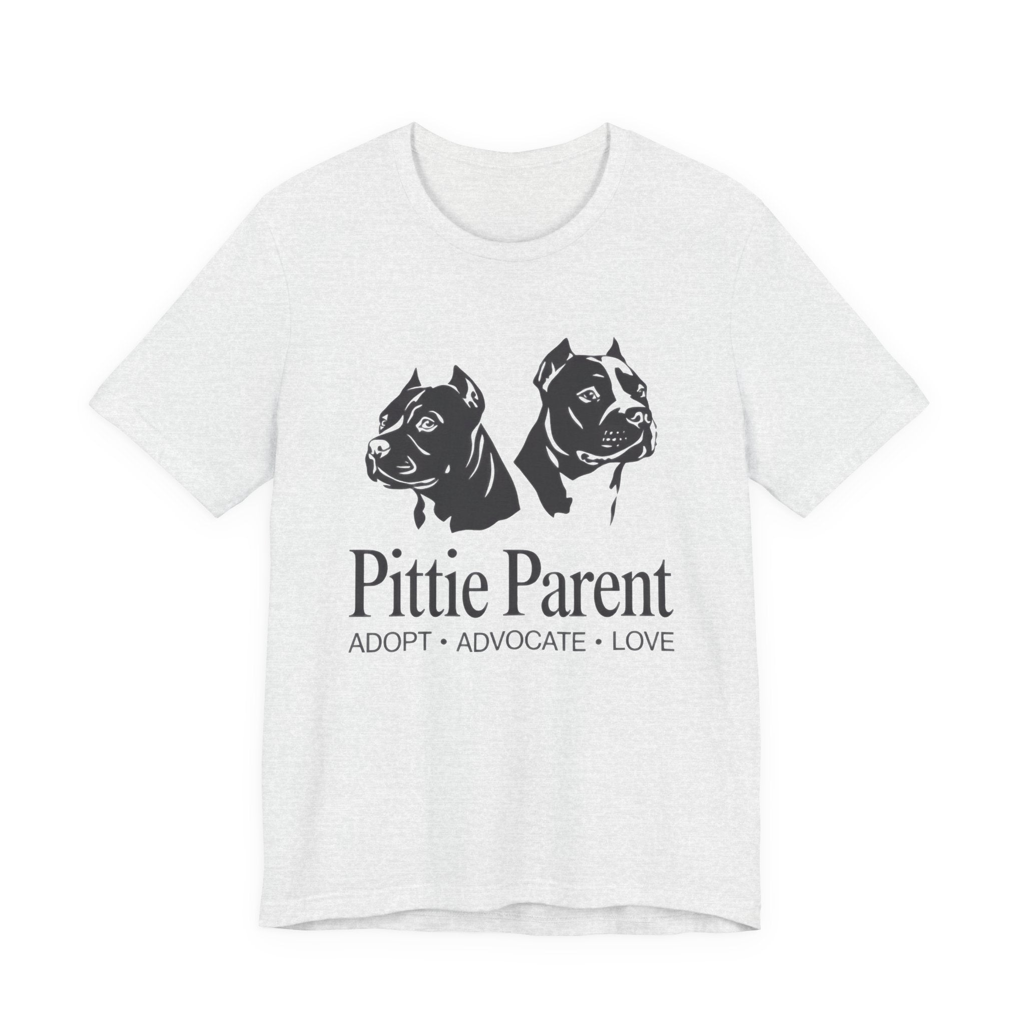 Ash t-shirt with black dog illustrations and 'Pittie Parent' text on a white background