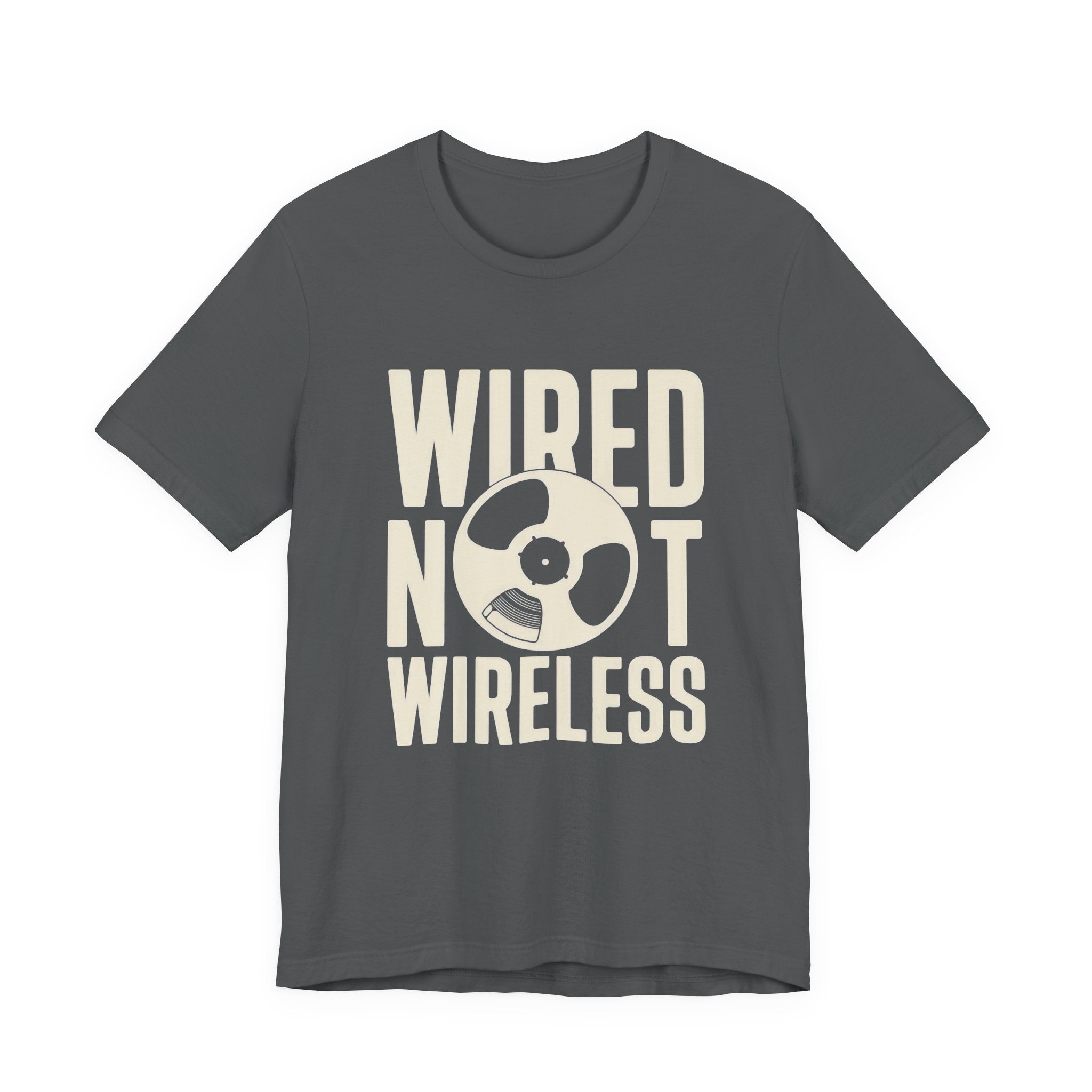 Gray t-shirt with 'Wired Not Wireless' text and reel-to-reel tape graphic on a white background